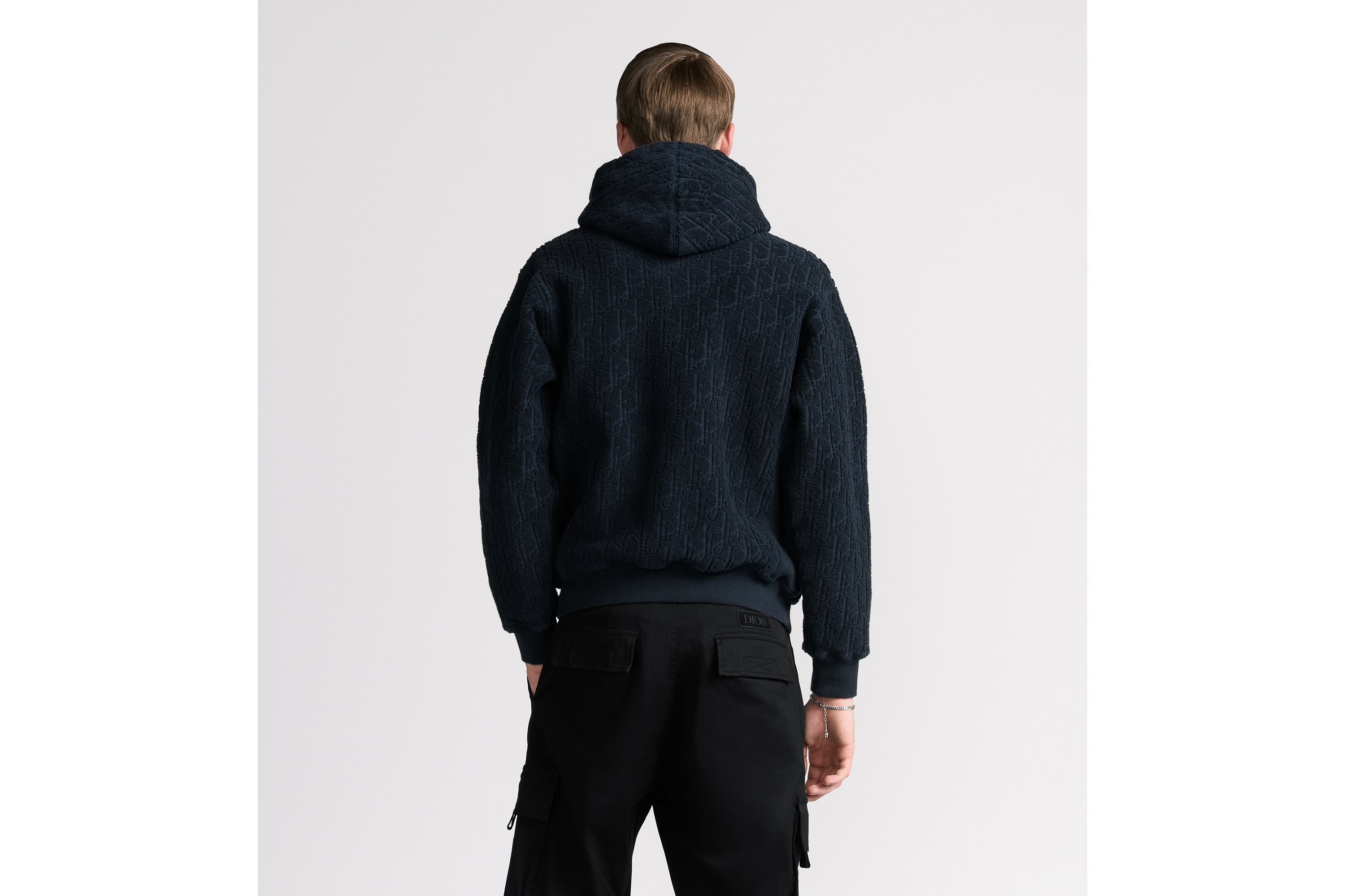 Look Dior Oblique Relaxed-Fit Hooded Sweatshirt Navy Blue Cotton Fleece E09