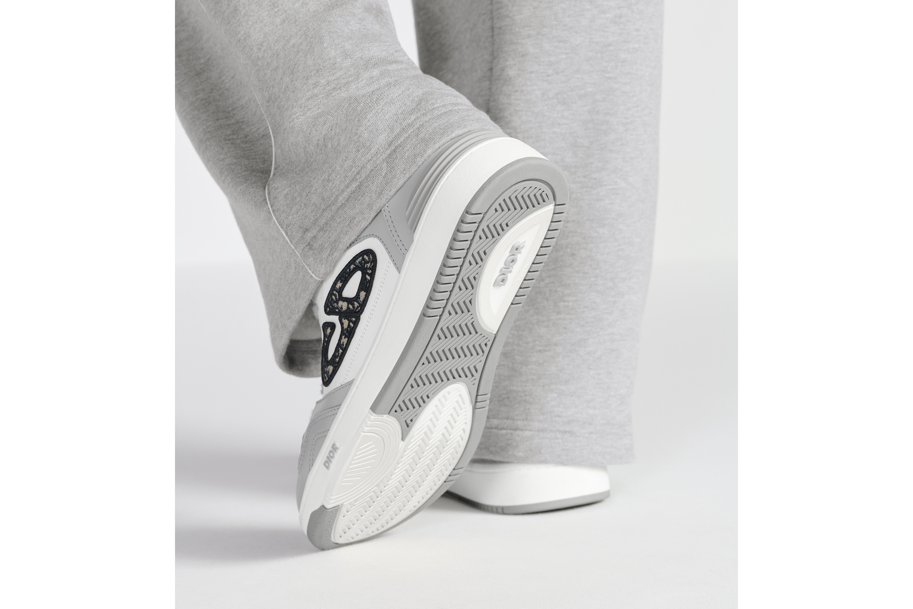 look_image_alt_prefix B57 Dribble Low Top Sneaker Glattes Kalbsleder in Dior Grau und Weiß mit Dior Oblique Jacquard in Beige und Schwarz E25