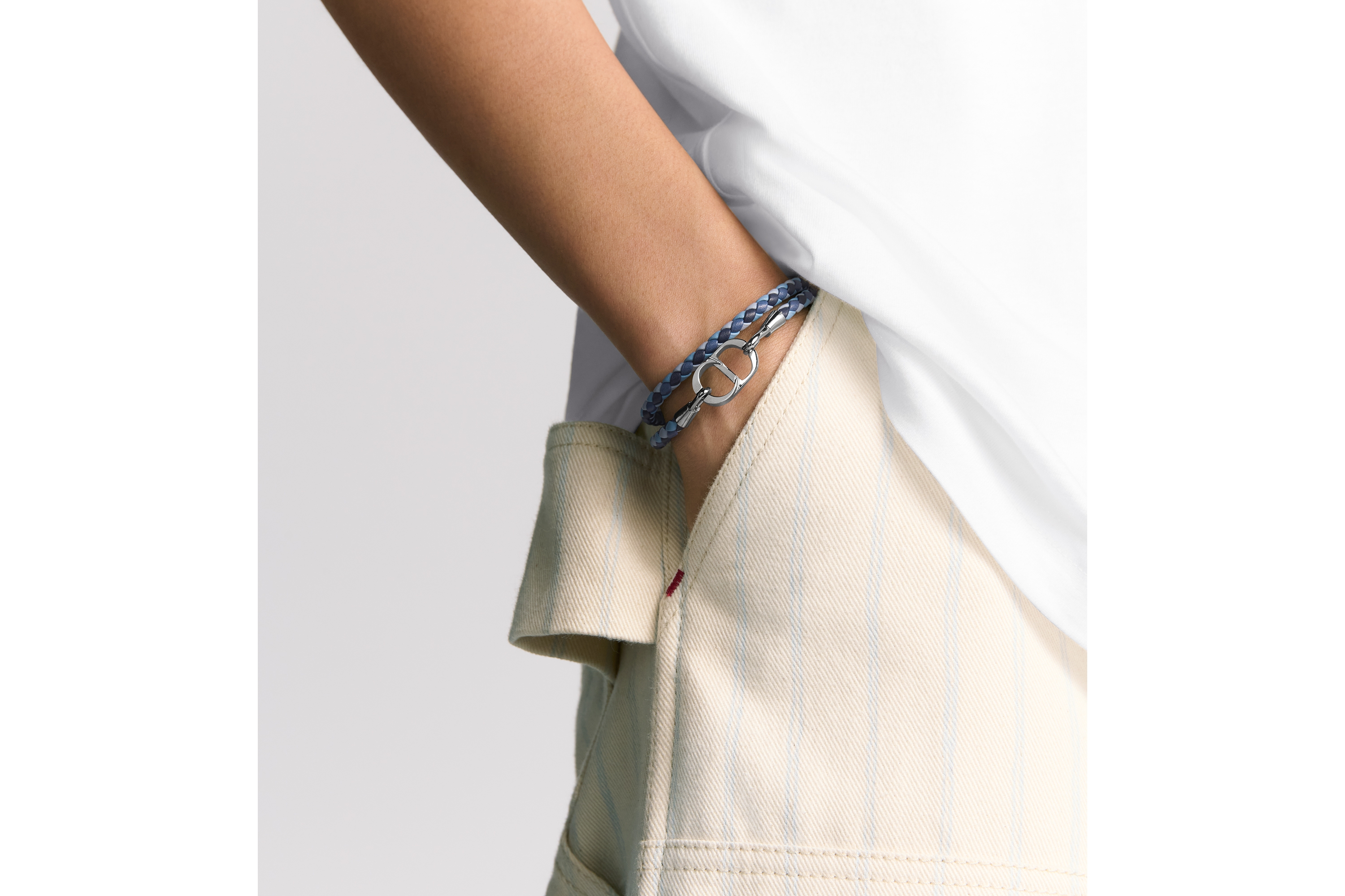 Look CD Icon Braided Leather Double Bracelet Blue Calfskin and Silver-Finish Brass E40