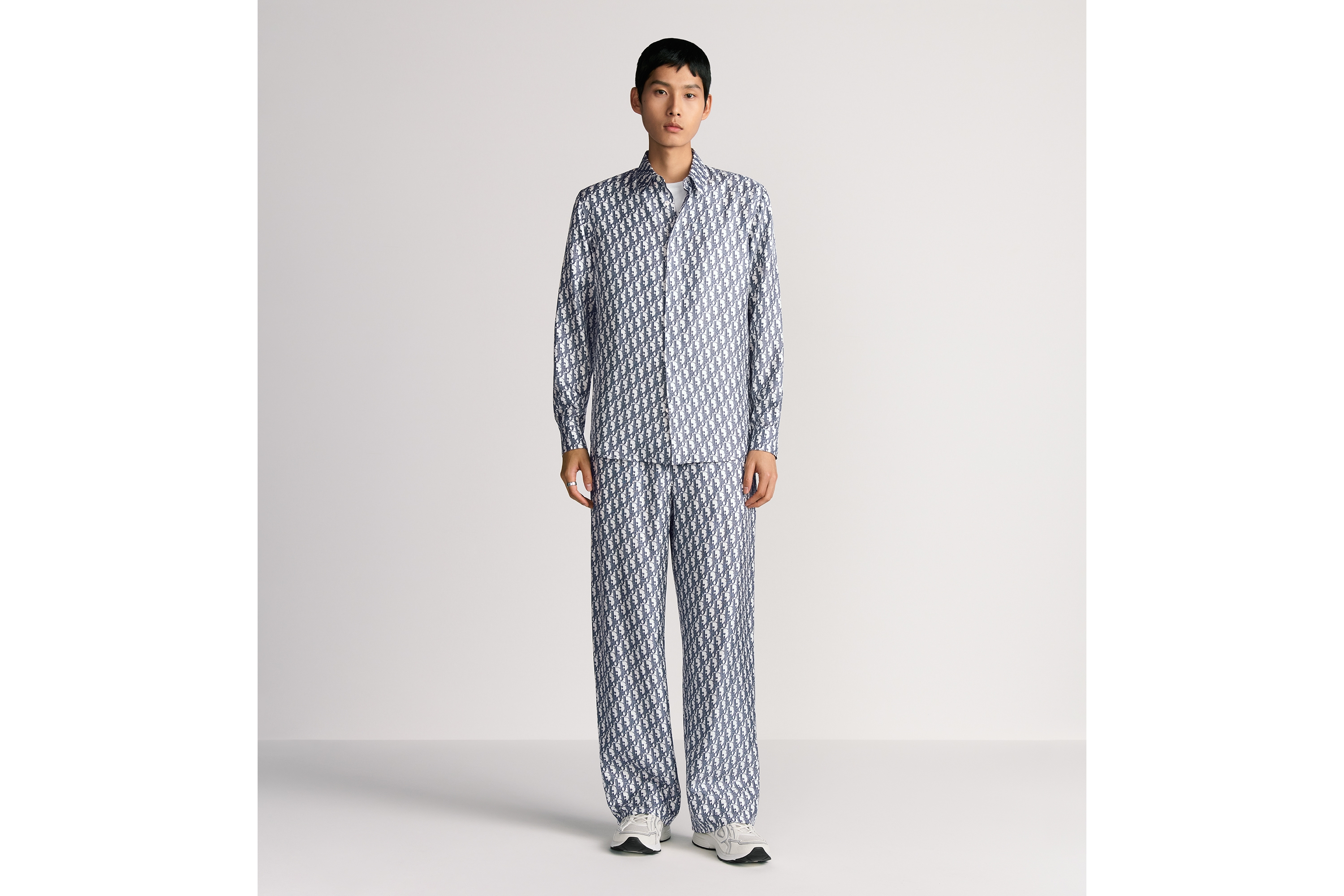 Look Dior Oblique Pajama Pants White and Blue Silk Twill E08