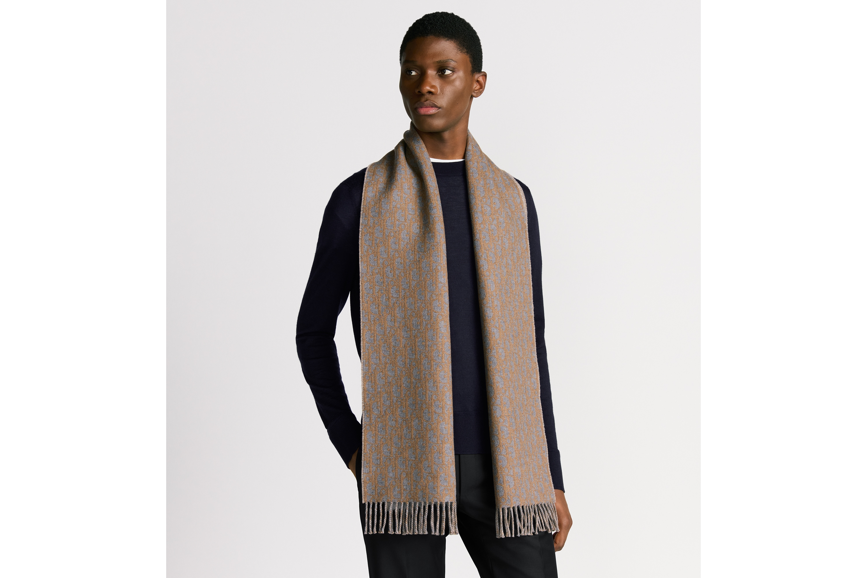 Look Écharpe double face Dior Oblique Laine et cachemire gris et marron E32