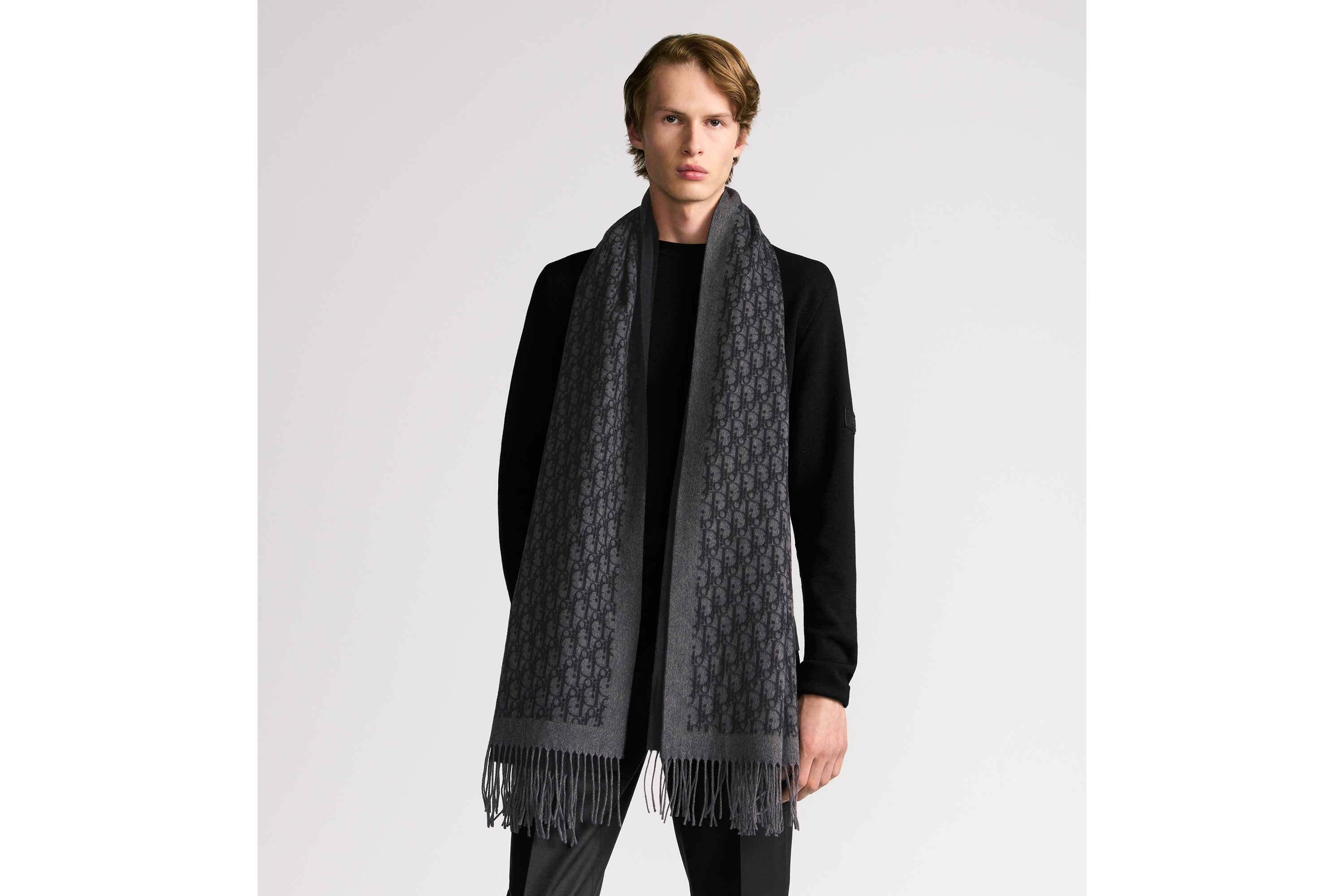 Look Écharpe Dior Oblique Soie gris foncé et noire E32