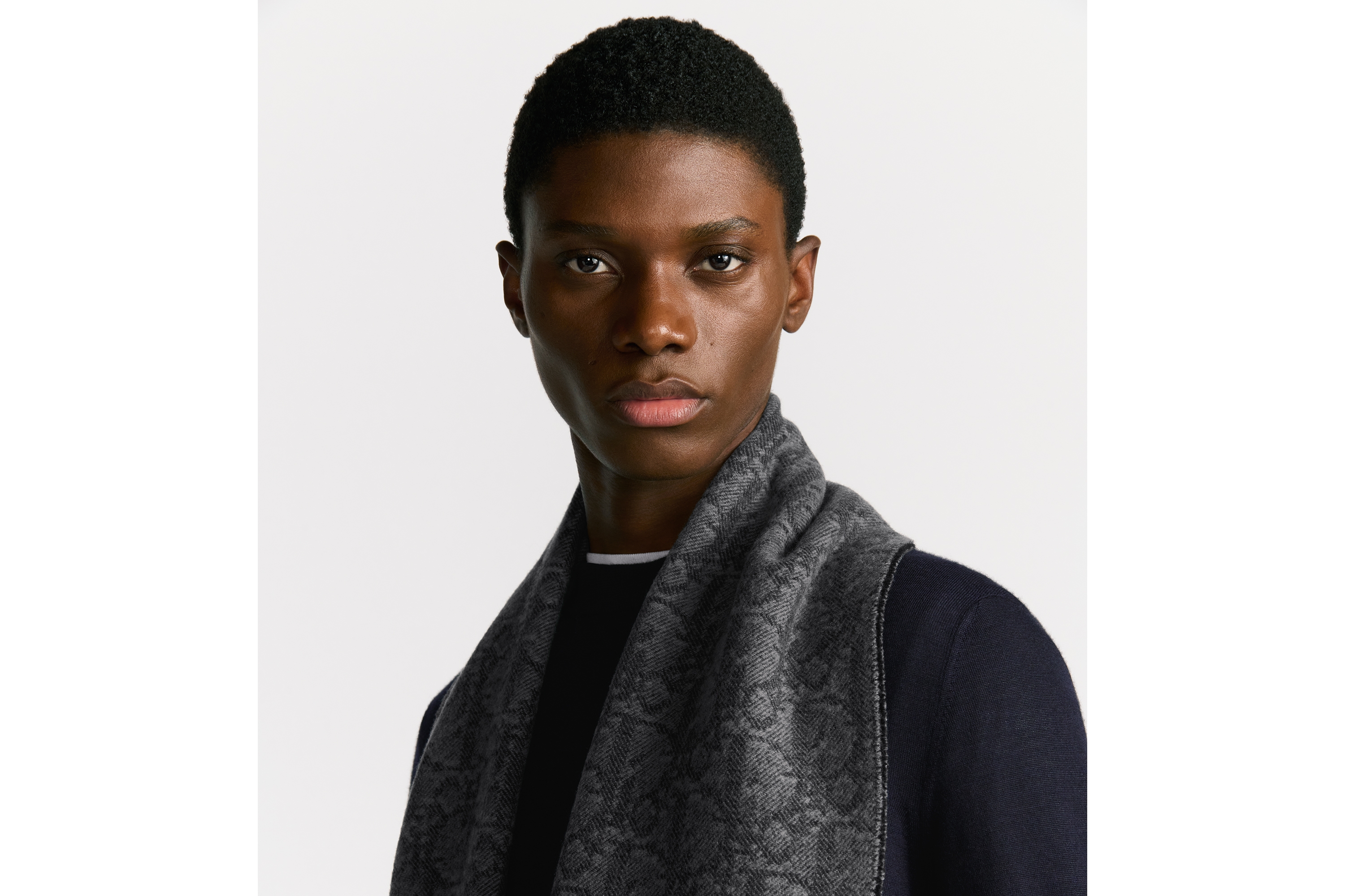 Look Dior Oblique Double-Sided Scarf Gray and Black Cashmere and Wool E33