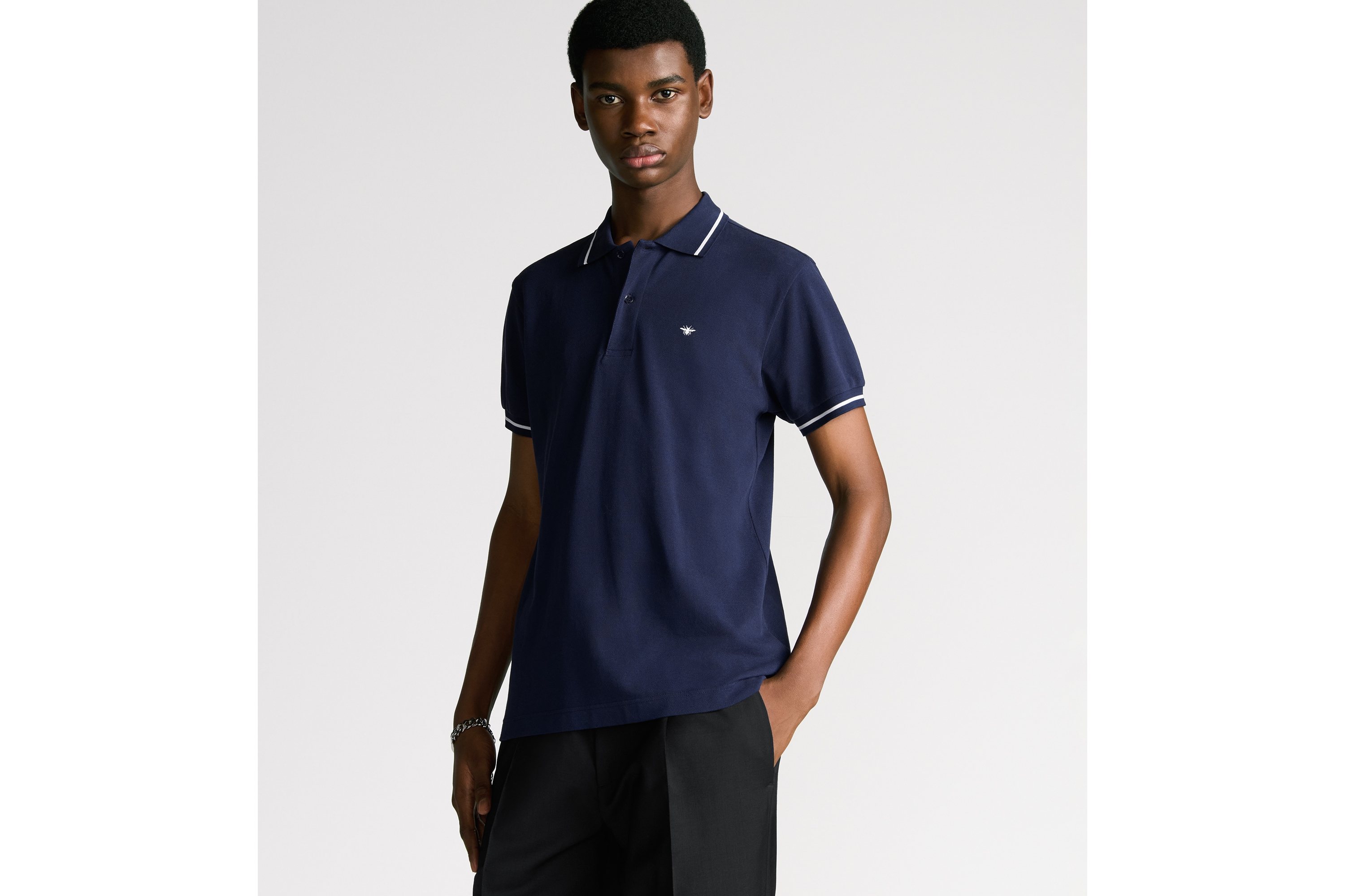 Look Polo Shirt with Bee Embroidery Navy Blue Cotton Piqué E07