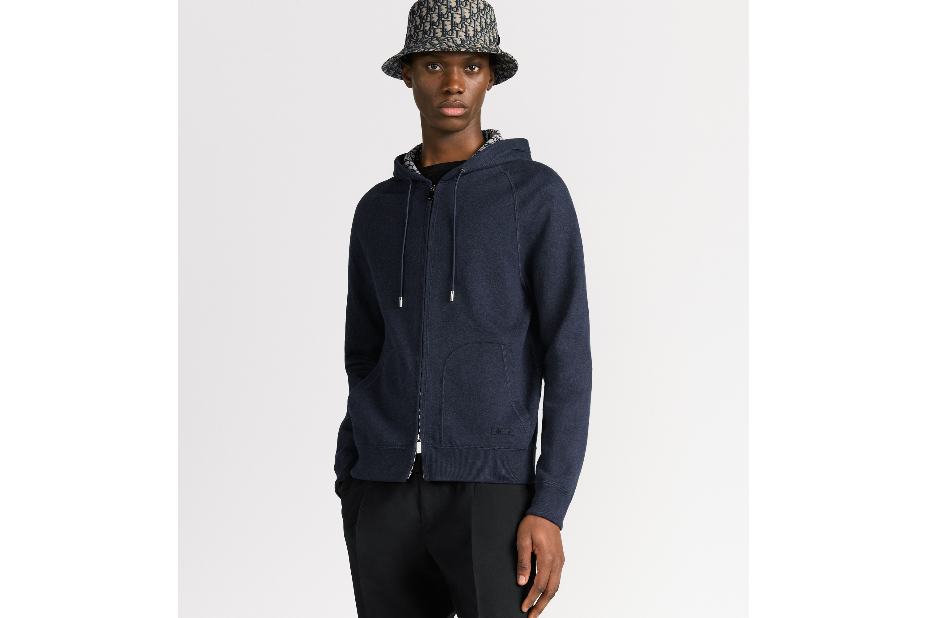 Look Hooded Track Jacket Navy Blue Cotton and Cashmere Knit E01