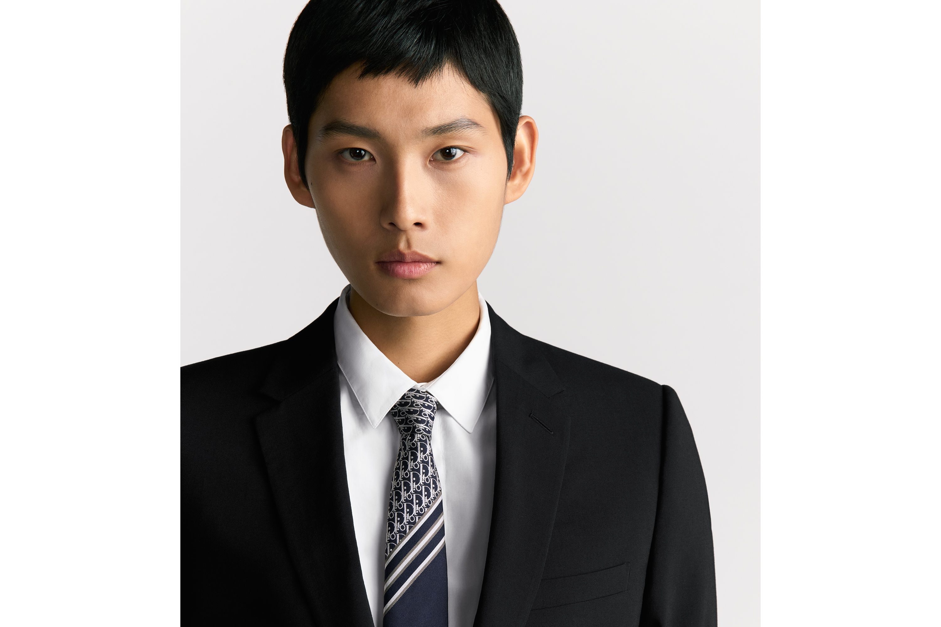 look_image_alt_prefix Gestreifte Dior Oblique Krawatte Seide in Marineblau, Weiß und Grau E36