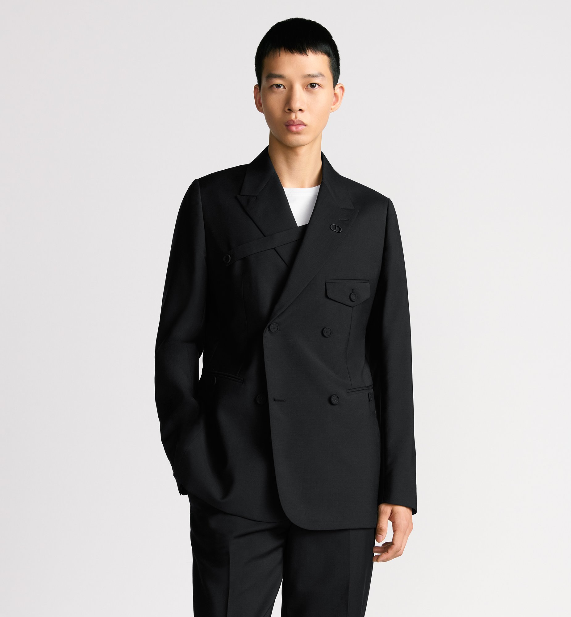Double-Breasted Jacket with Buttoned Strap Black Virgin Wool Double-Breasted Jacket with Buttoned Strap Black Virgin Wool