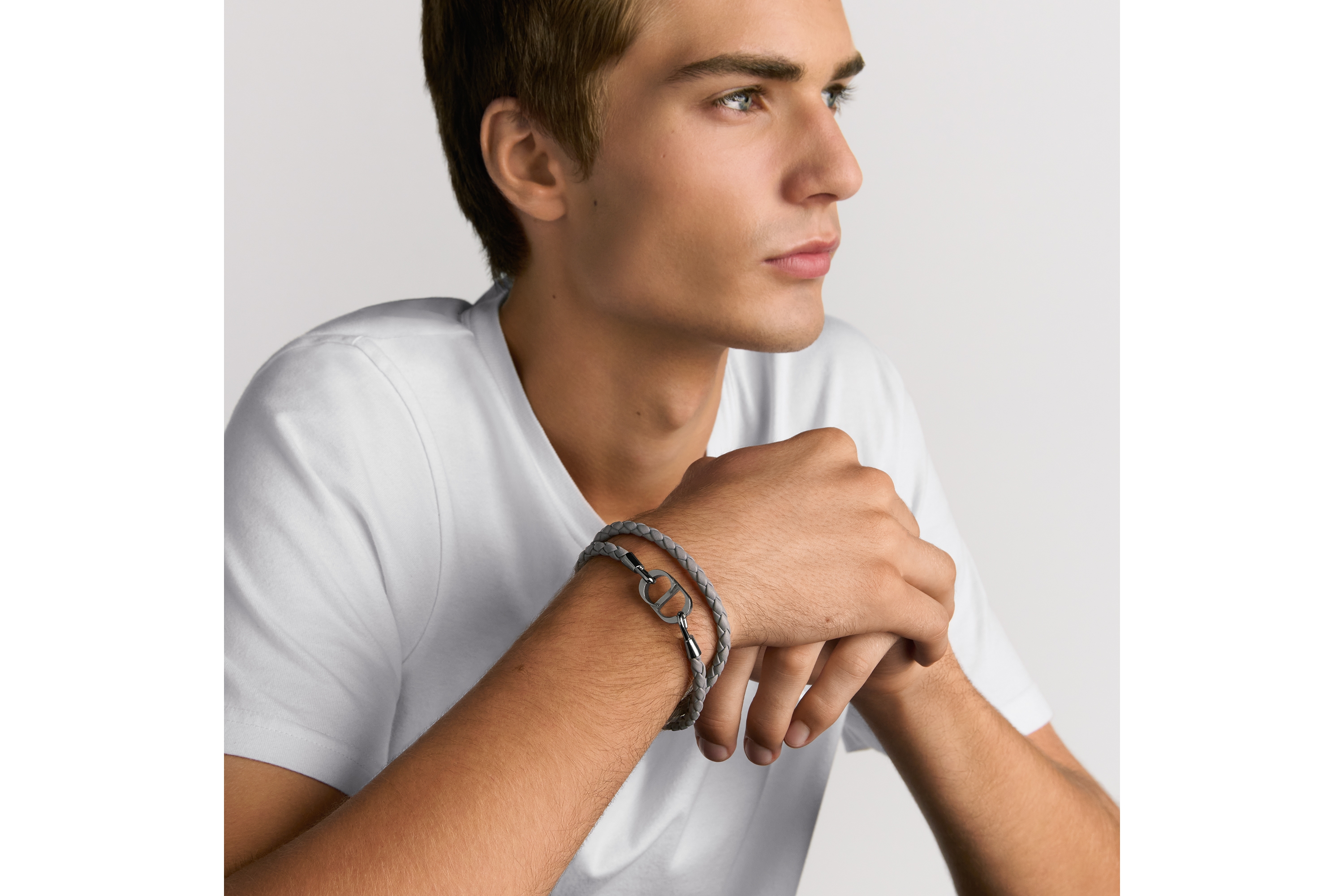 Look CD Icon Braided Leather Double Bracelet Gray Lambskin and Silver-Finish Brass E39