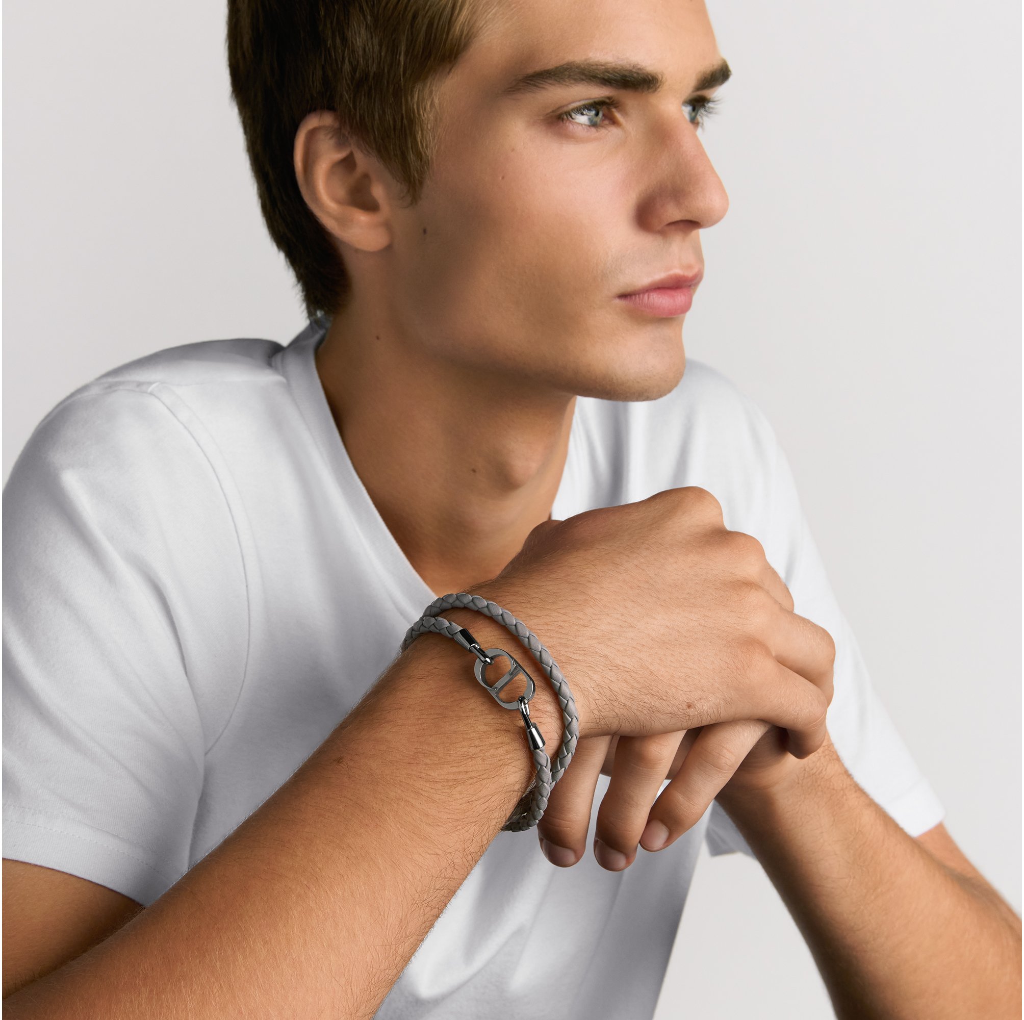 CD Icon Braided Leather Double Bracelet Gray Lambskin and