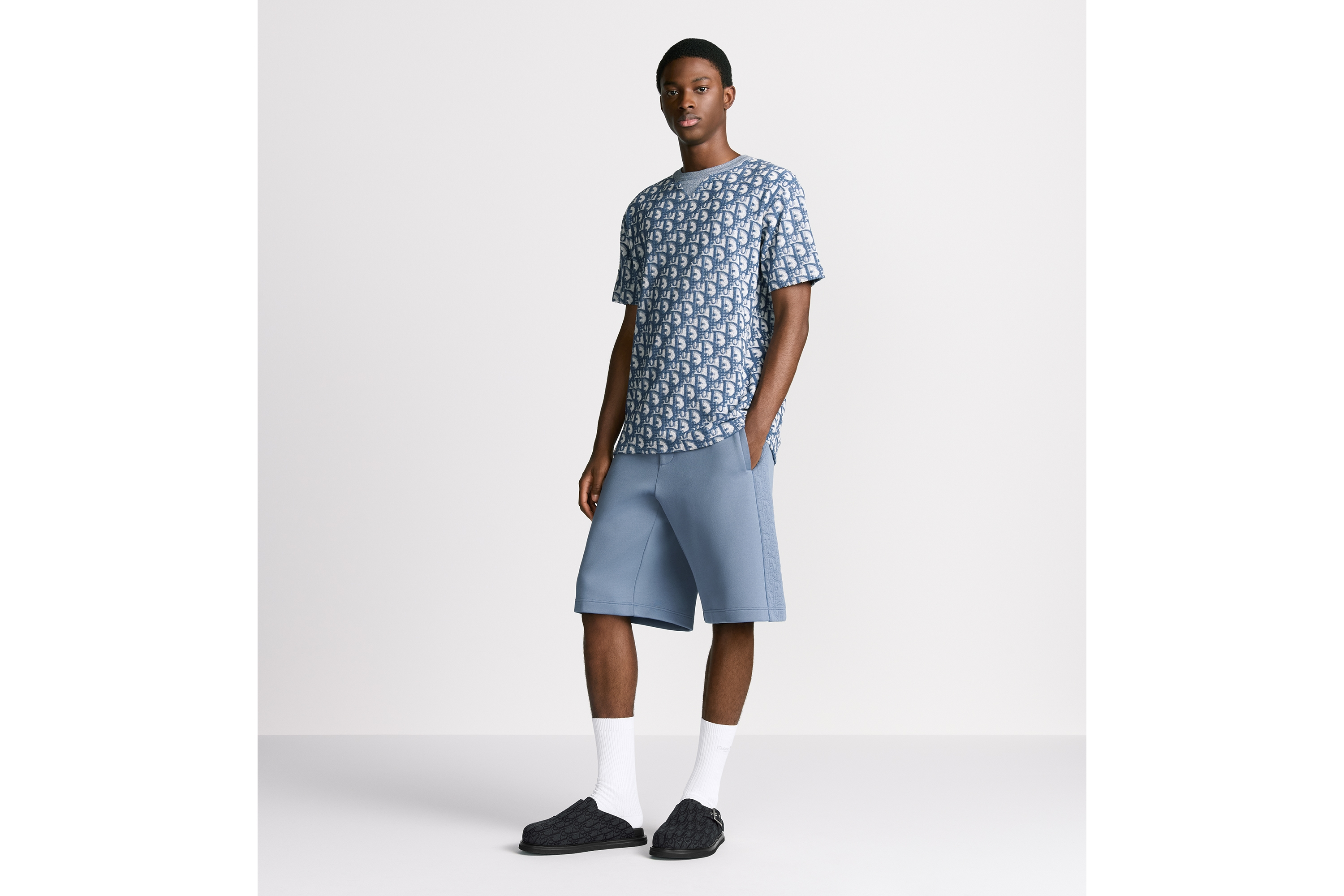 Look Dior Oblique T-Shirt, Relaxed Fit Blue and White Terry Cotton Jersey E08