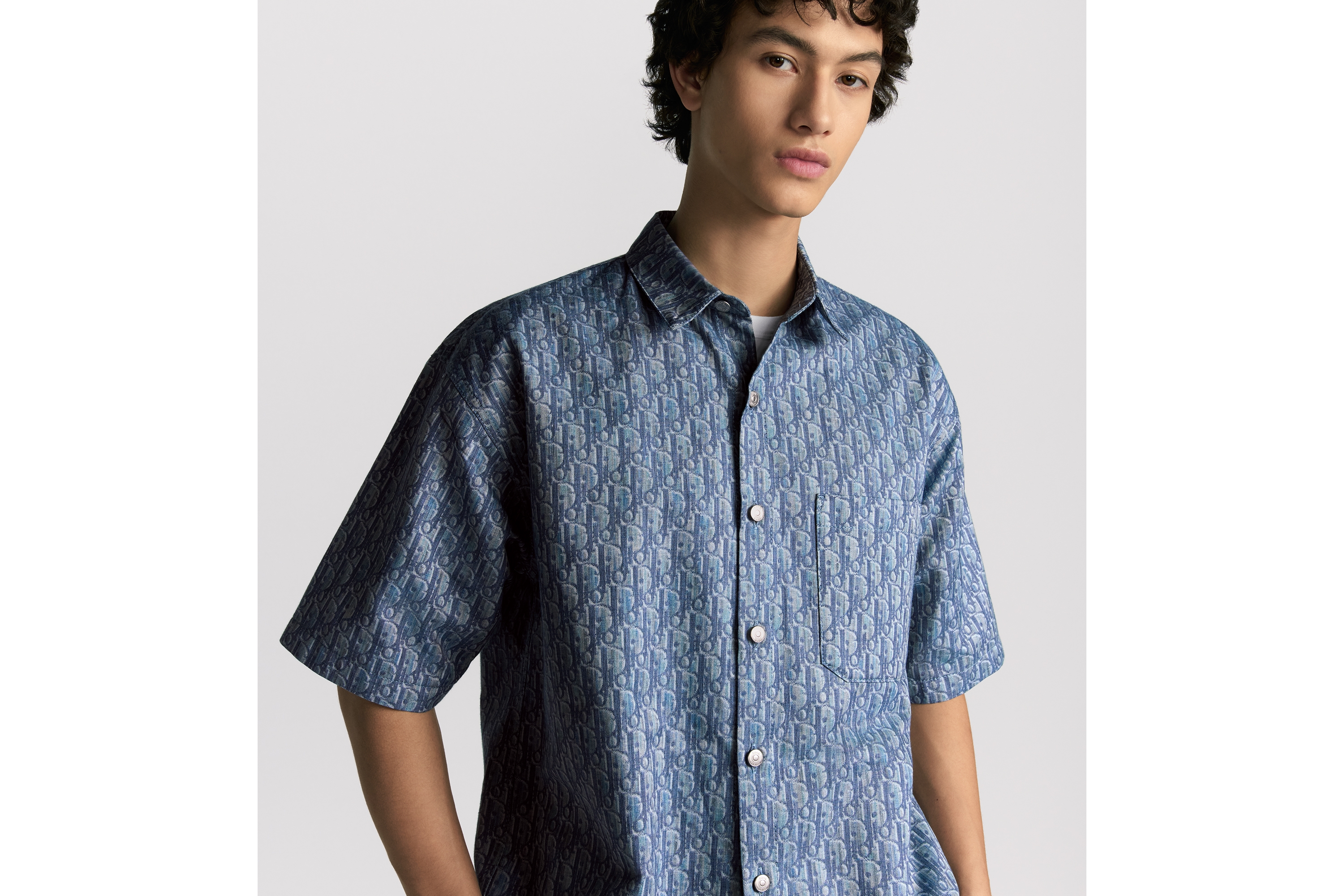 Look Dior Oblique Short-Sleeved Shirt Blue Cotton-Blend Twill E07