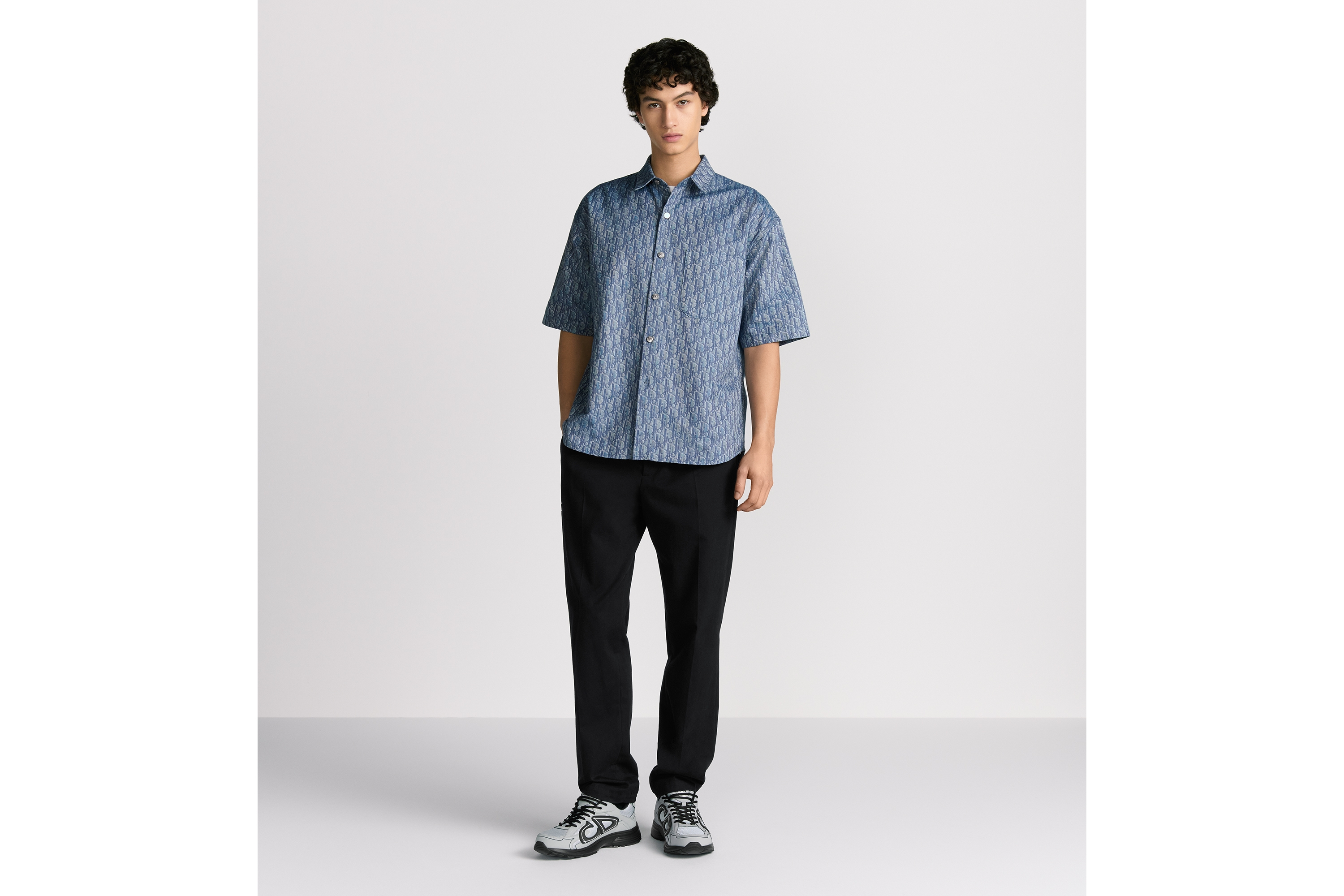 Look Dior Oblique Short-Sleeved Shirt Blue Cotton-Blend Twill E08