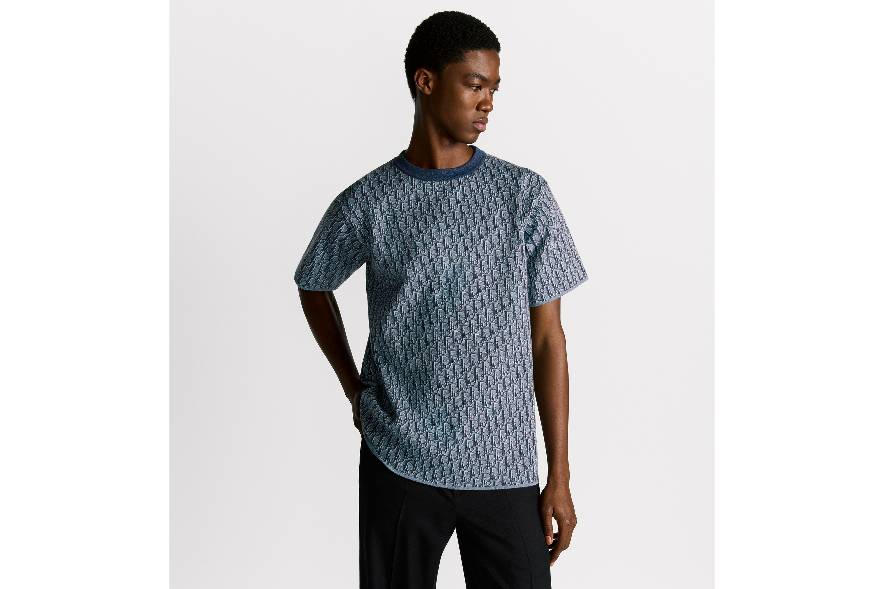 Look Dior Oblique T-Shirt, Relaxed Fit Blue Cotton Jacquard E07