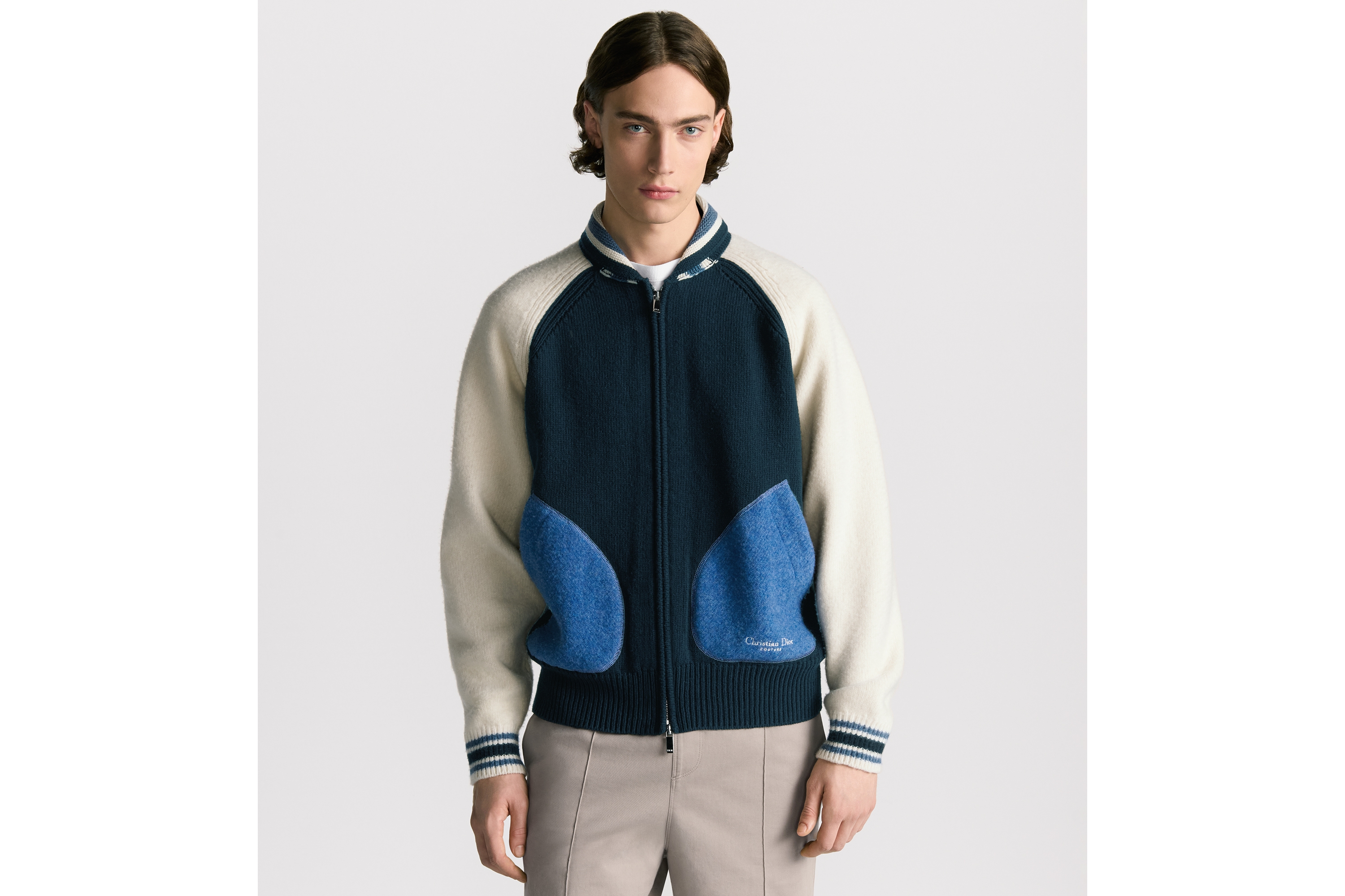 Look Christian Dior Couture Lily of the Valley Varsity Cardigan Blue and Beige Felted Wool Jersey E01