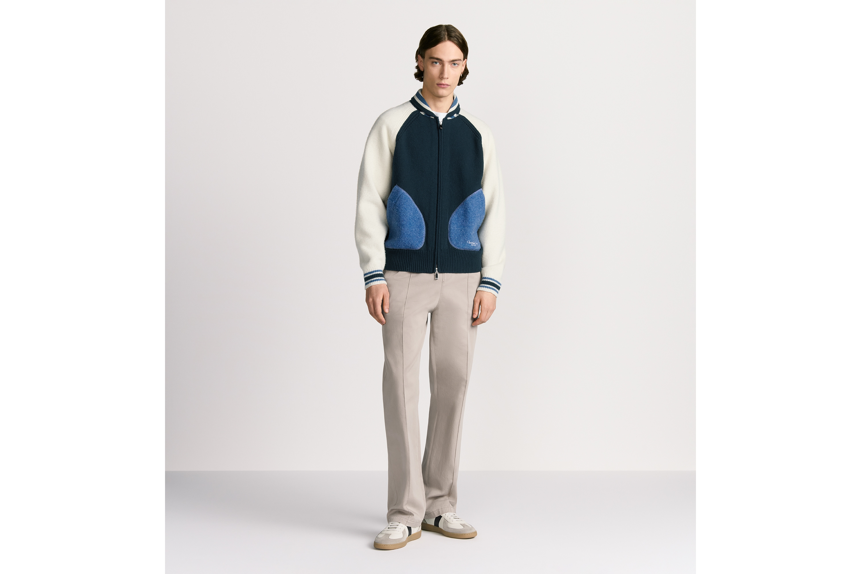 Look Christian Dior Couture Lily of the Valley Varsity Cardigan Blue and Beige Felted Wool Jersey E02