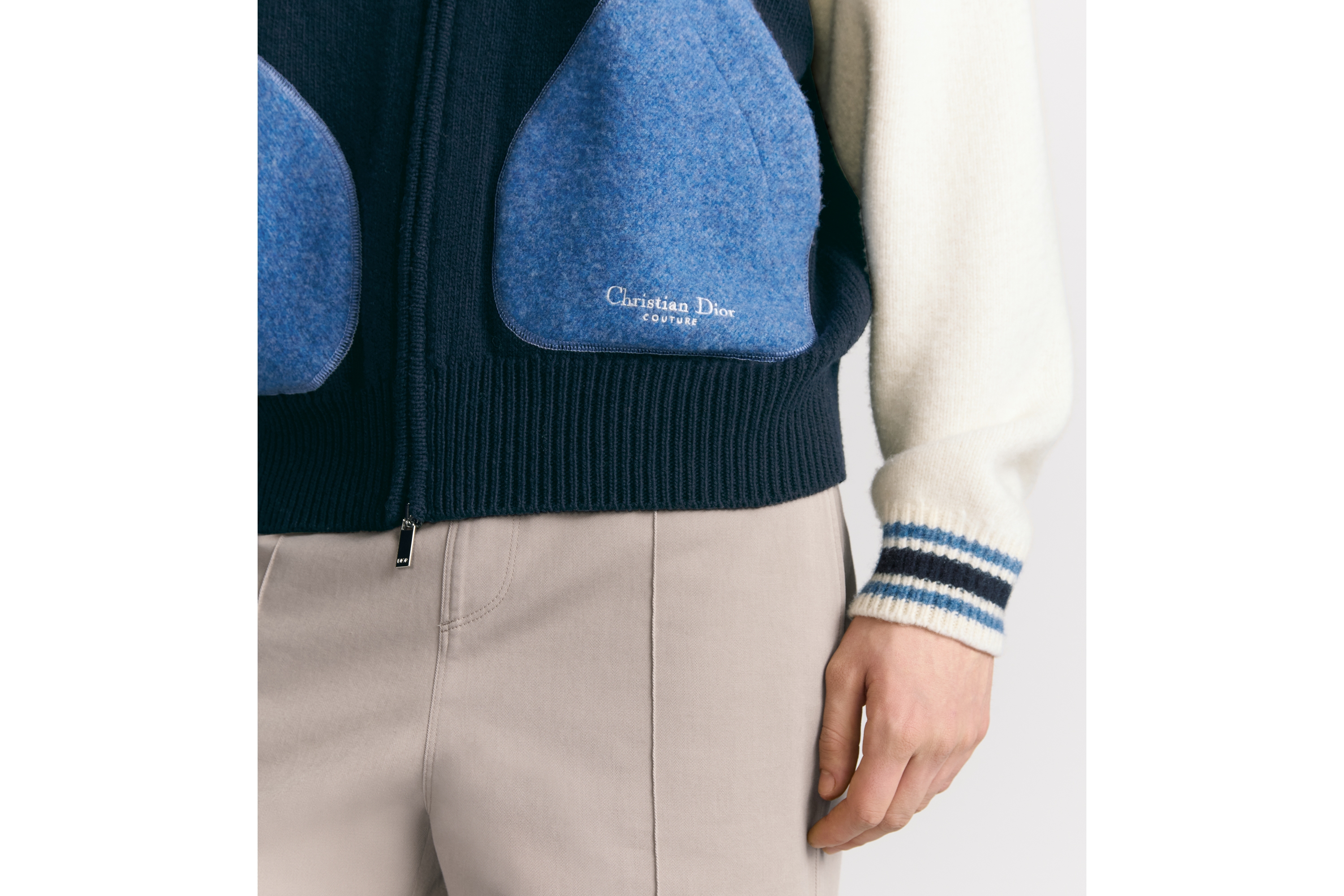 Look Christian Dior Couture Lily of the Valley Varsity Cardigan Blue and Beige Felted Wool Jersey E04