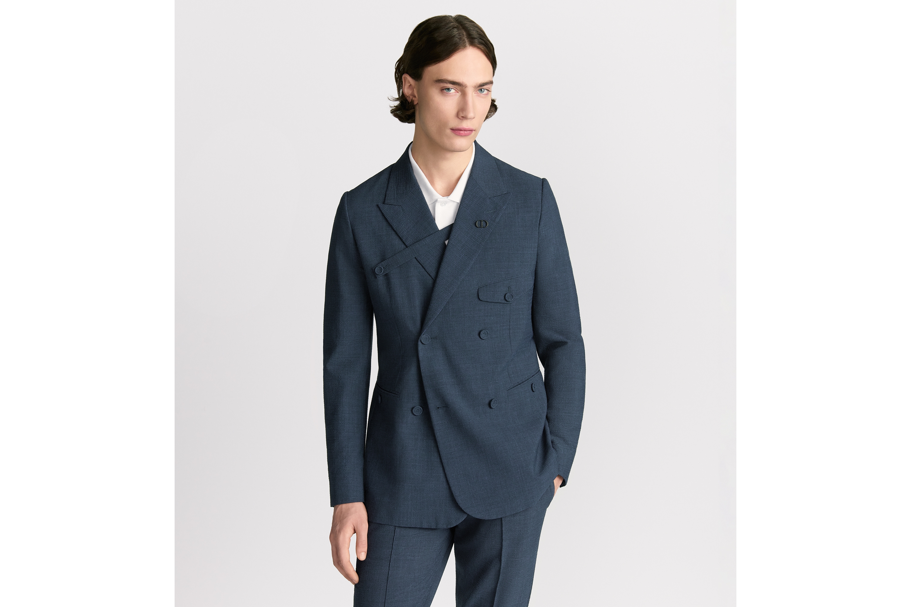 Look Double-Breasted Jacket with Buttoned Strap Blue Checkered Virgin Wool-Blend Seersucker E01