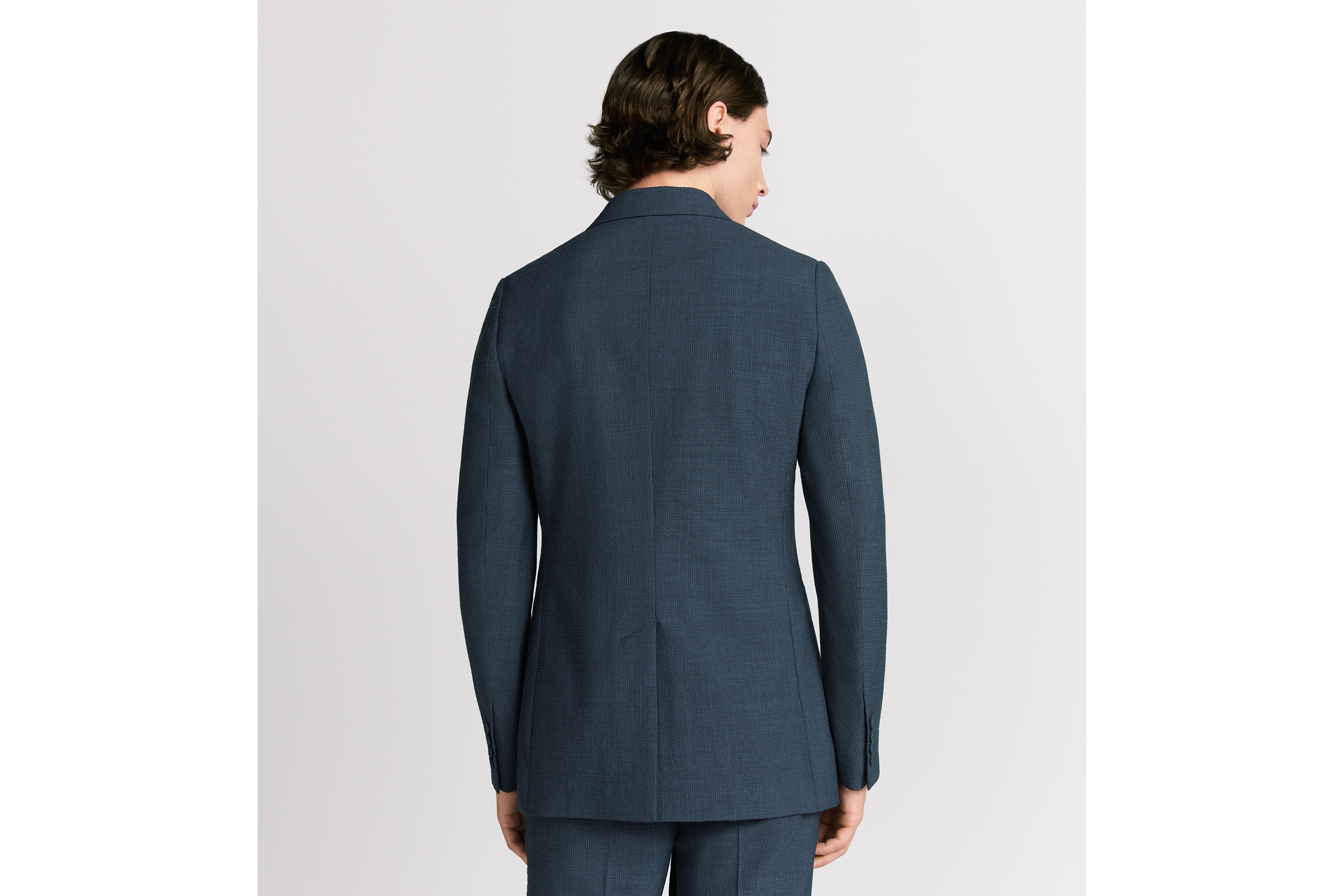 Look Double-Breasted Jacket with Buttoned Strap Blue Checkered Virgin Wool-Blend Seersucker E03