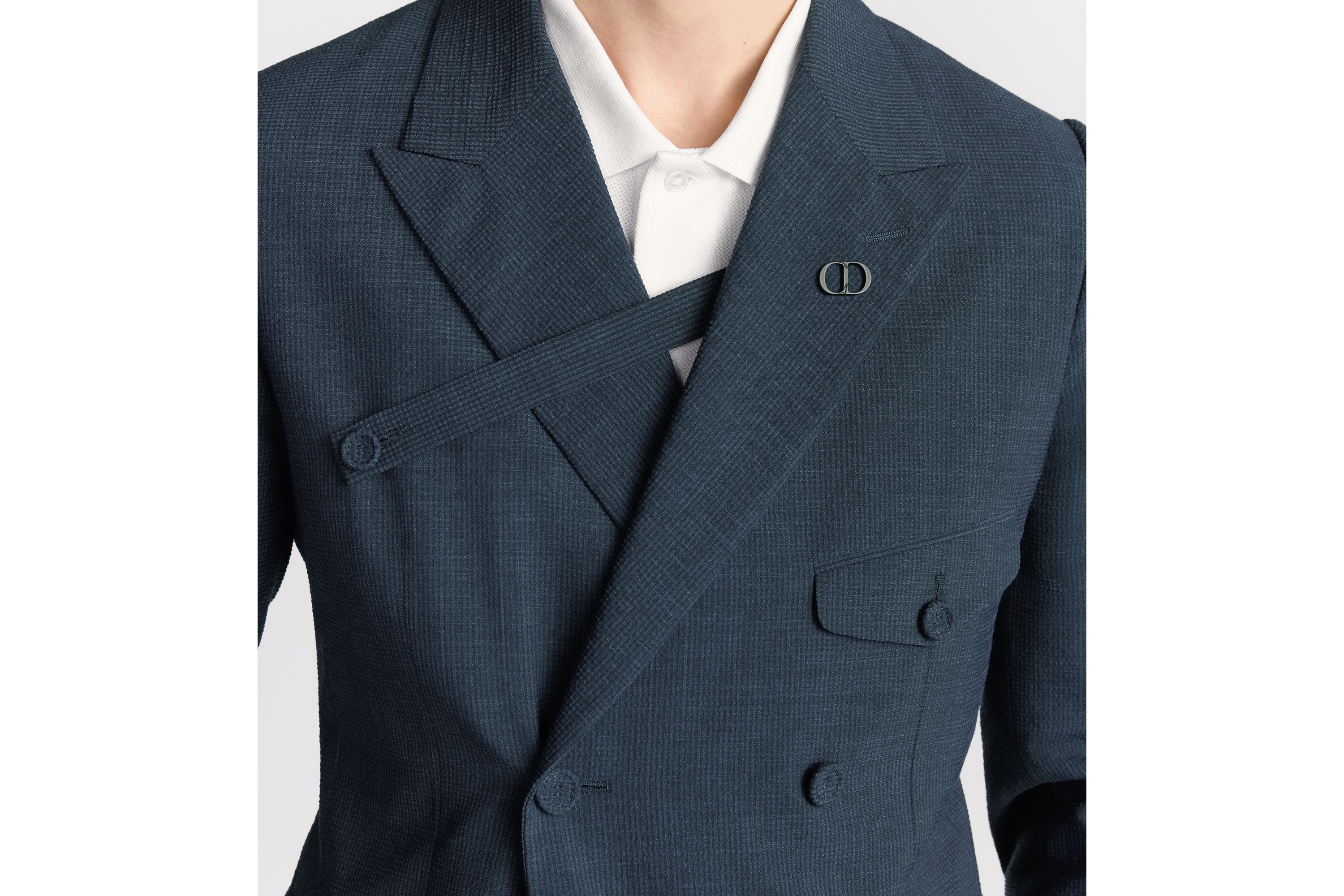 Look Double-Breasted Jacket with Buttoned Strap Blue Checkered Virgin Wool-Blend Seersucker E04