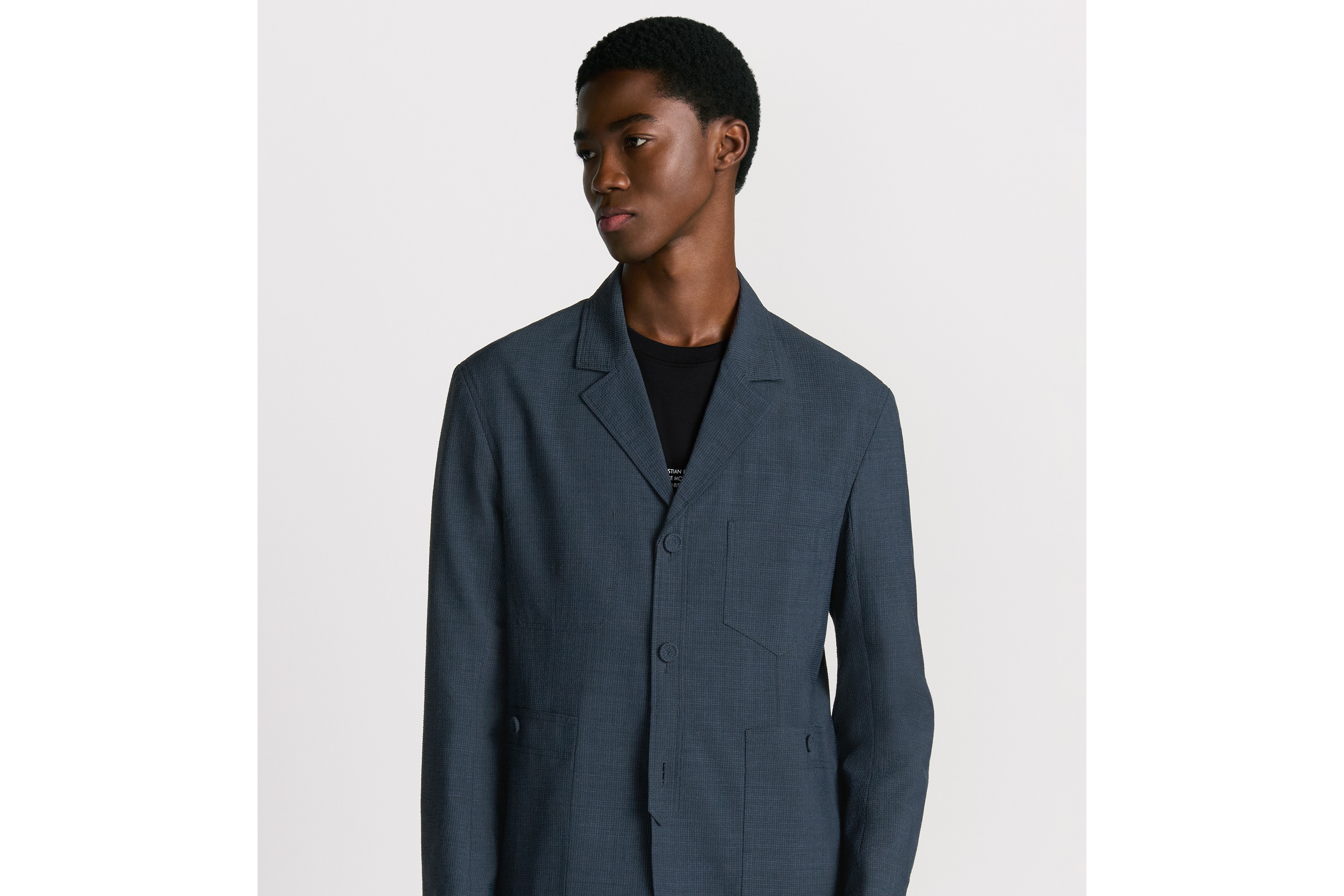 Look Veste workwear Seersucker de laine vierge mélangée bleue à carreaux E01