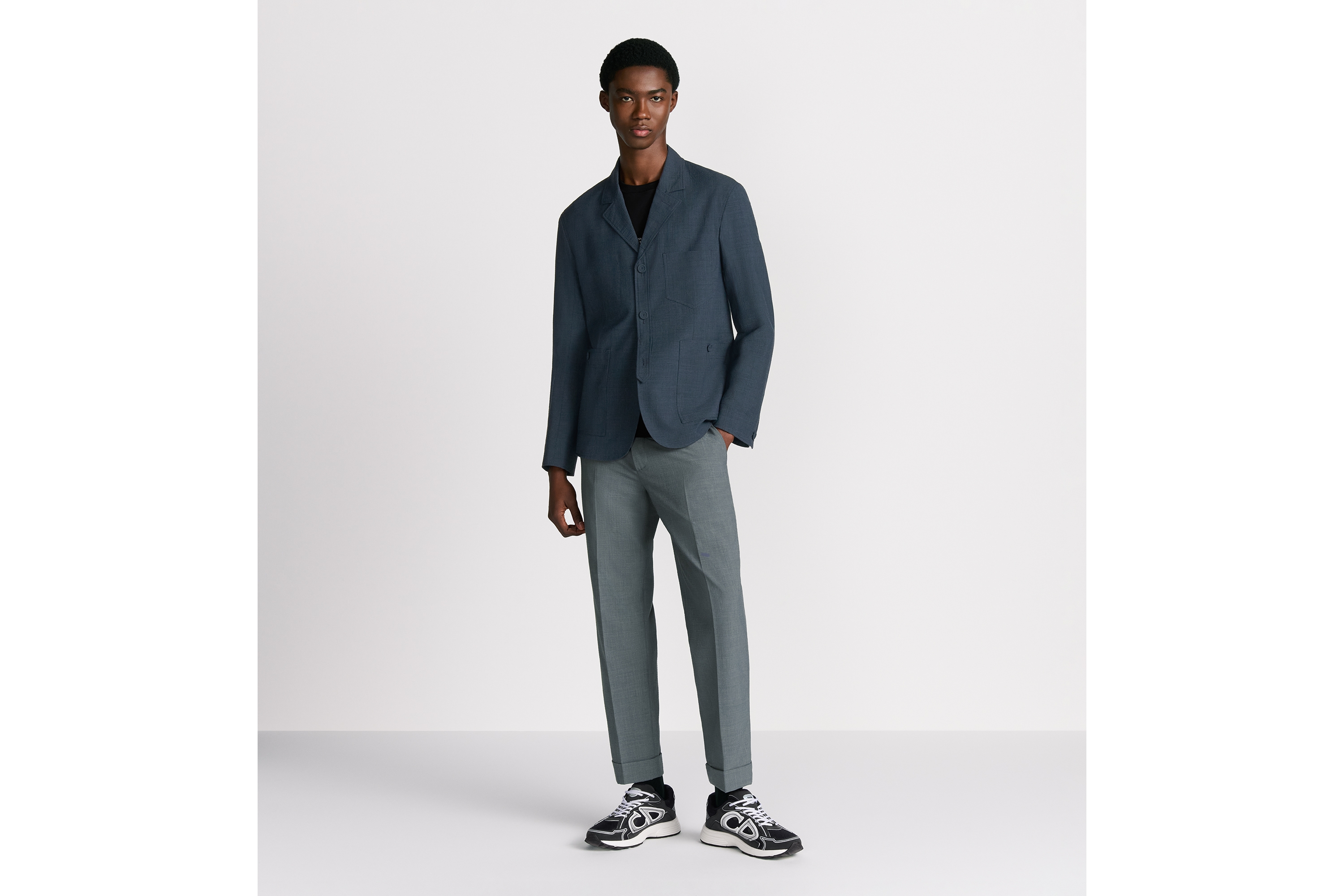 Look Veste workwear Seersucker de laine vierge mélangée bleue à carreaux E02