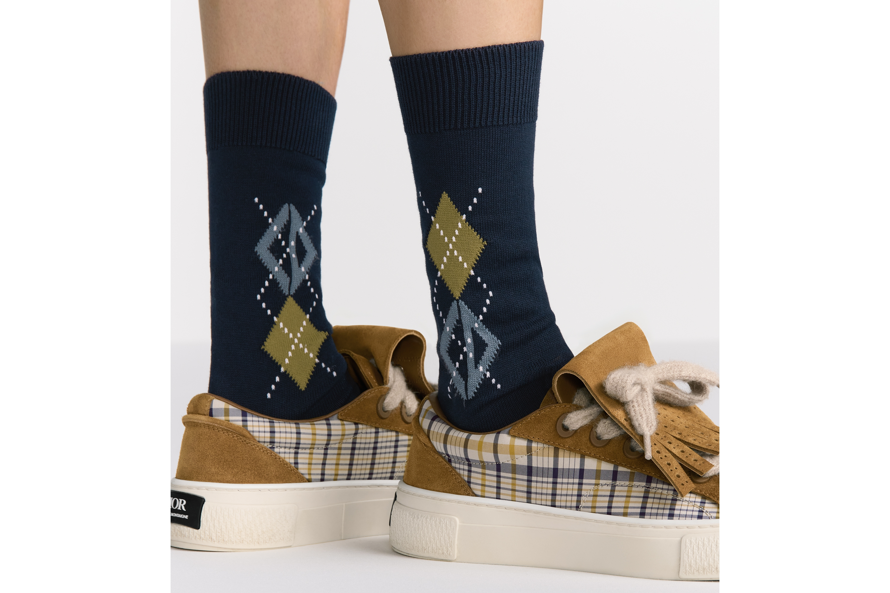 Look Set of CD Diamond Socks Yellow, Navy Blue and White Cotton Blend E23