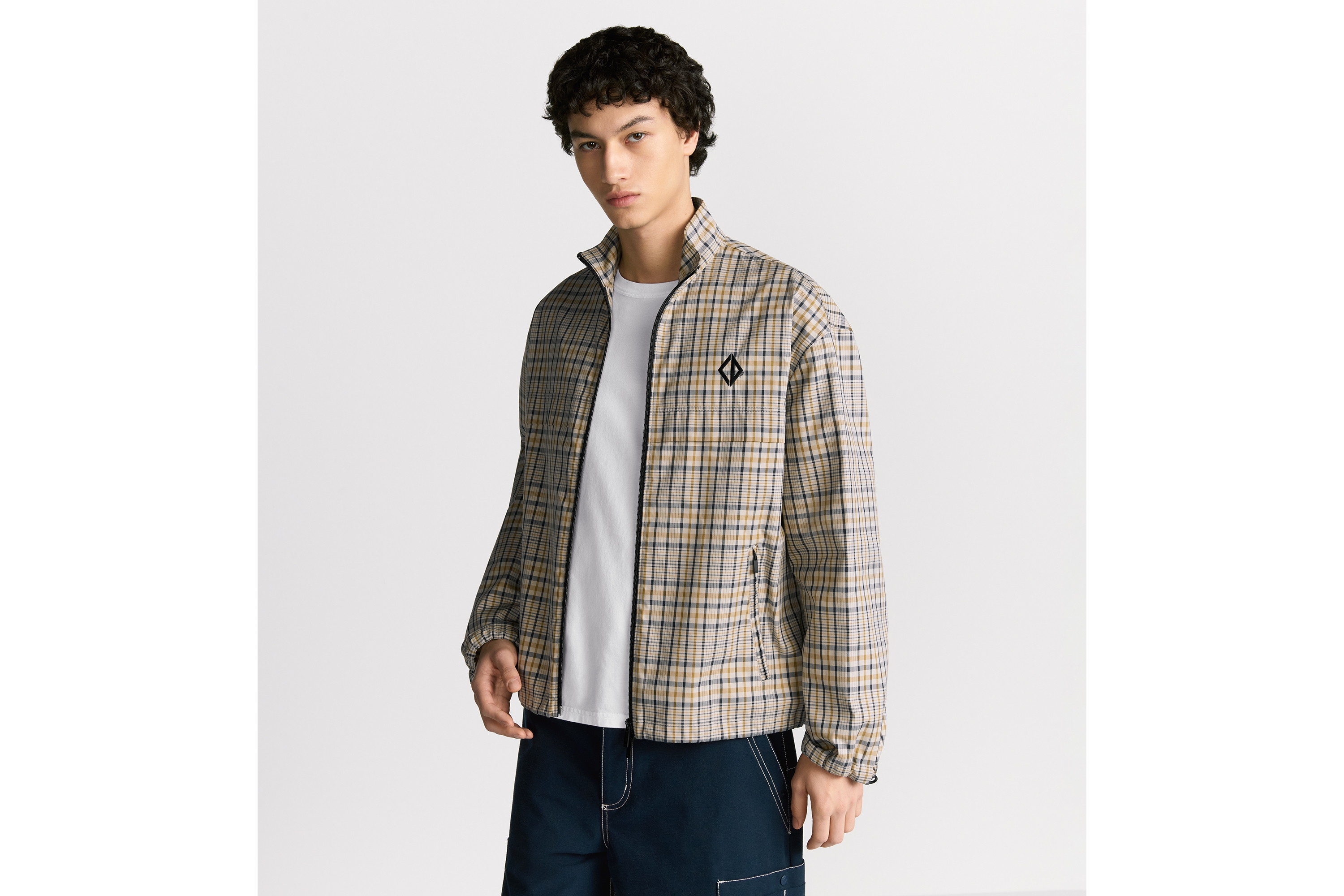 Look Zipped Shirt with CD Diamond Embroidery Beige Tartan Cotton Blend E01