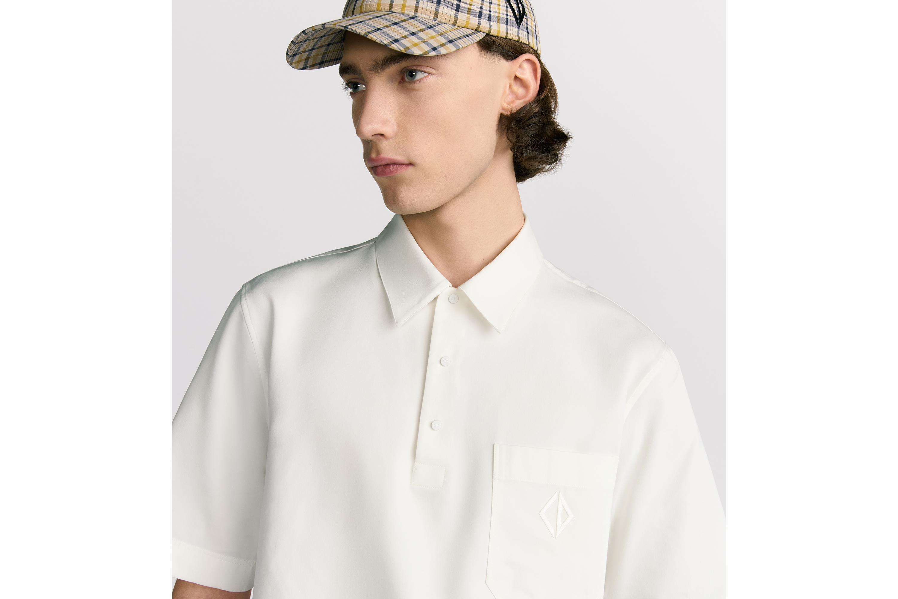 Look Polo Shirt with CD Diamond Embroidery White Cotton-Blend Twill E07