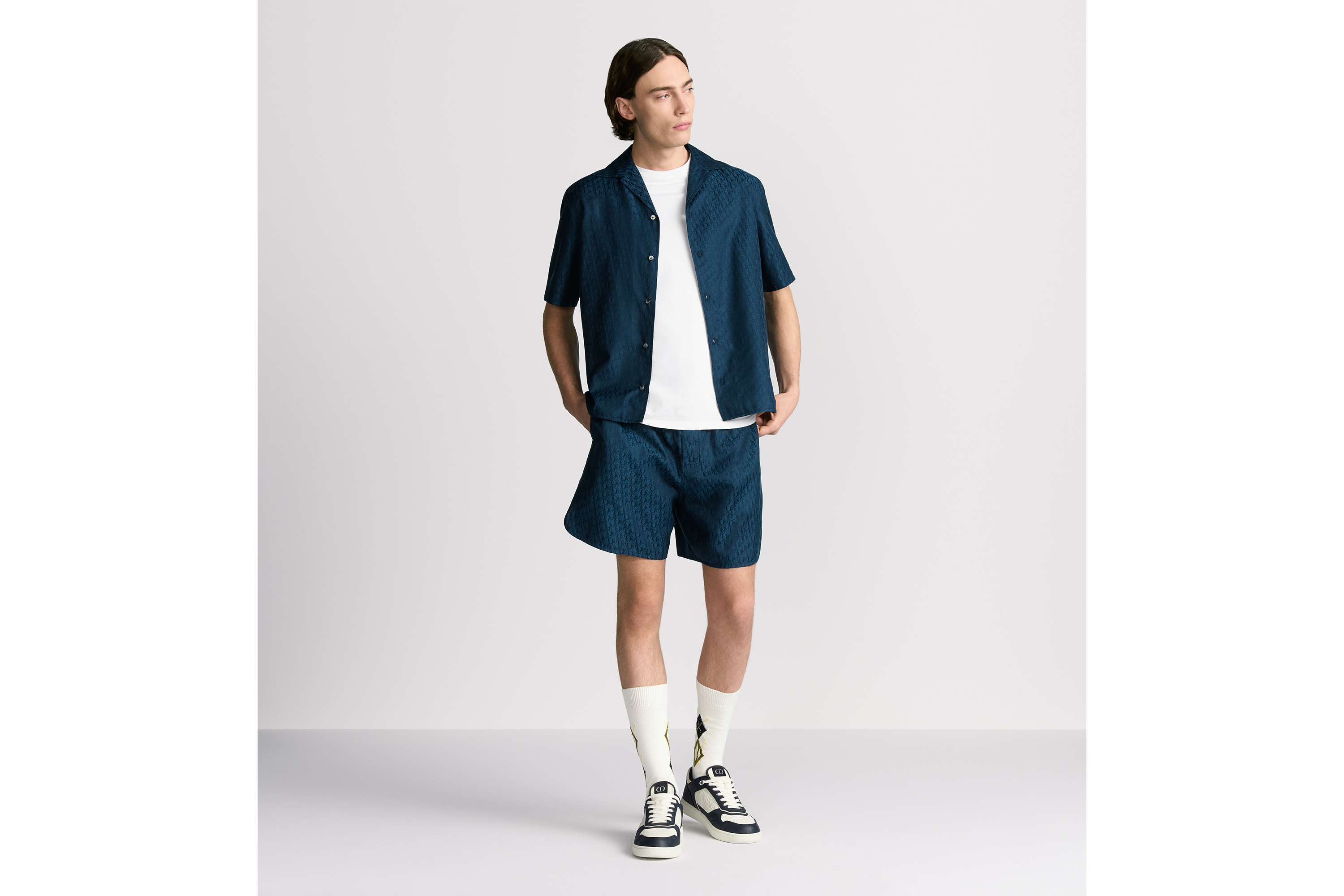 Look Dior Oblique Short-Sleeved Shirt Navy Blue Silk and Cotton Jacquard E02