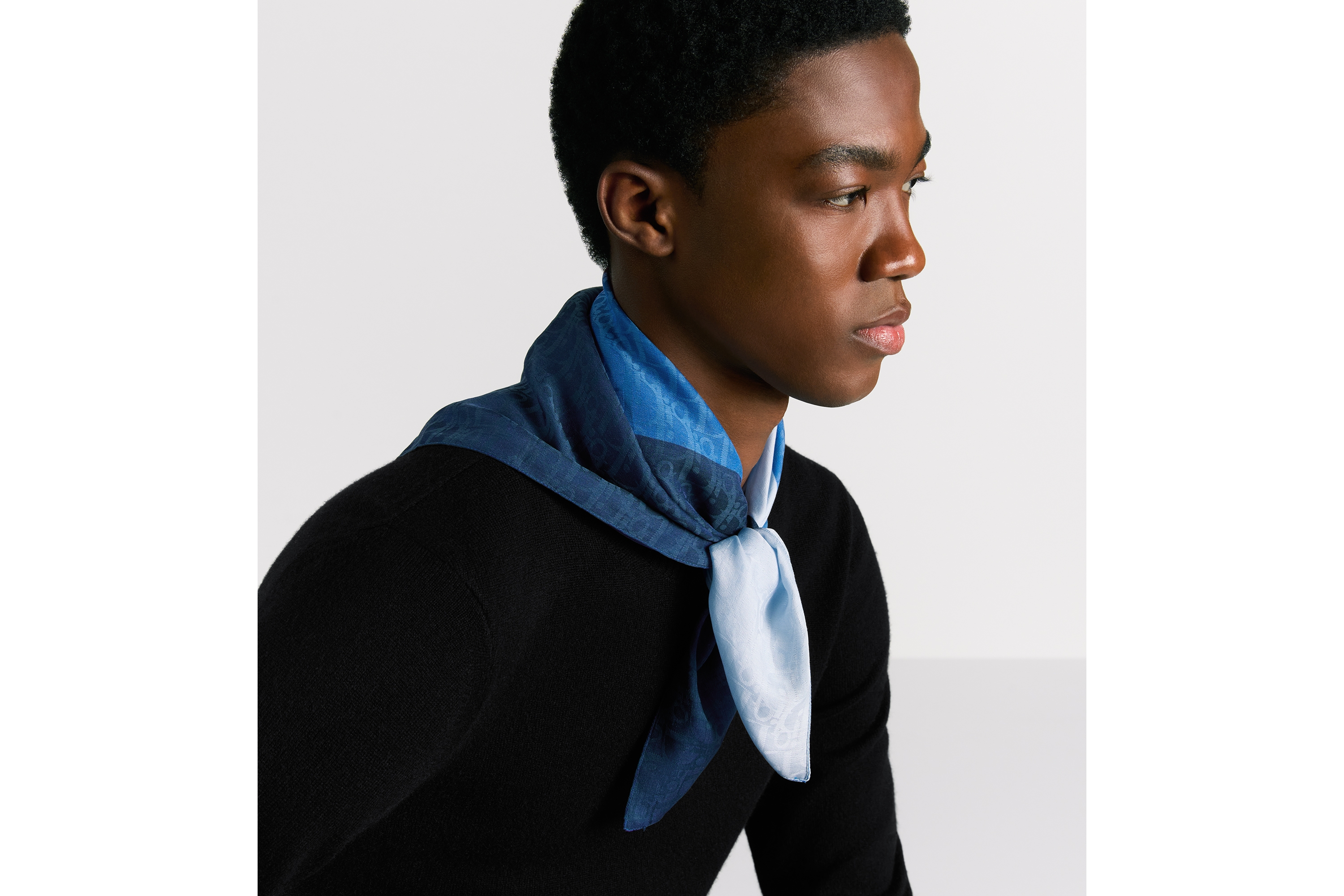 Look Dior Oblique Bandana Blue Color Block Cotton and Silk E32