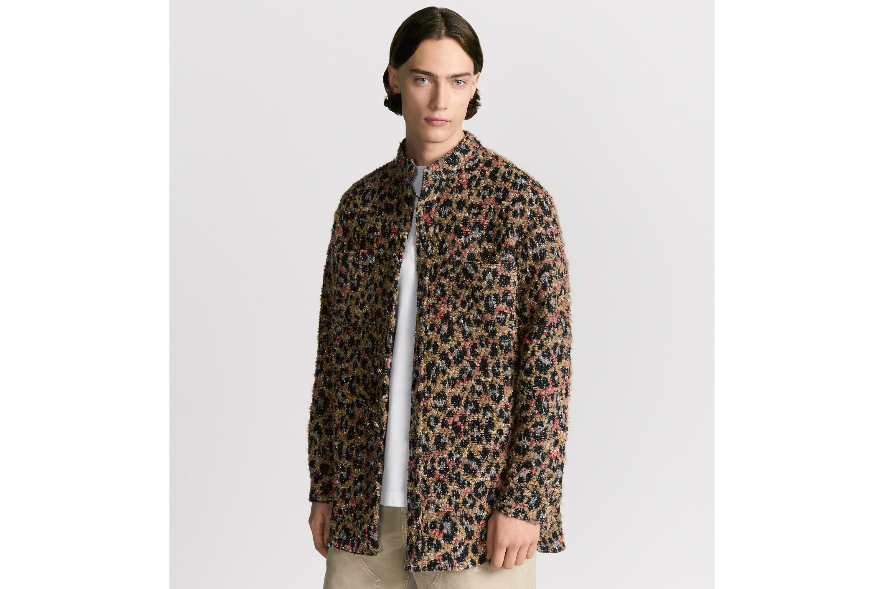 Look DIOR AND LEWIS HAMILTON Oversized Shirt Beige Cotton- and Wool-Blend Tweed with Leopard Motif E01