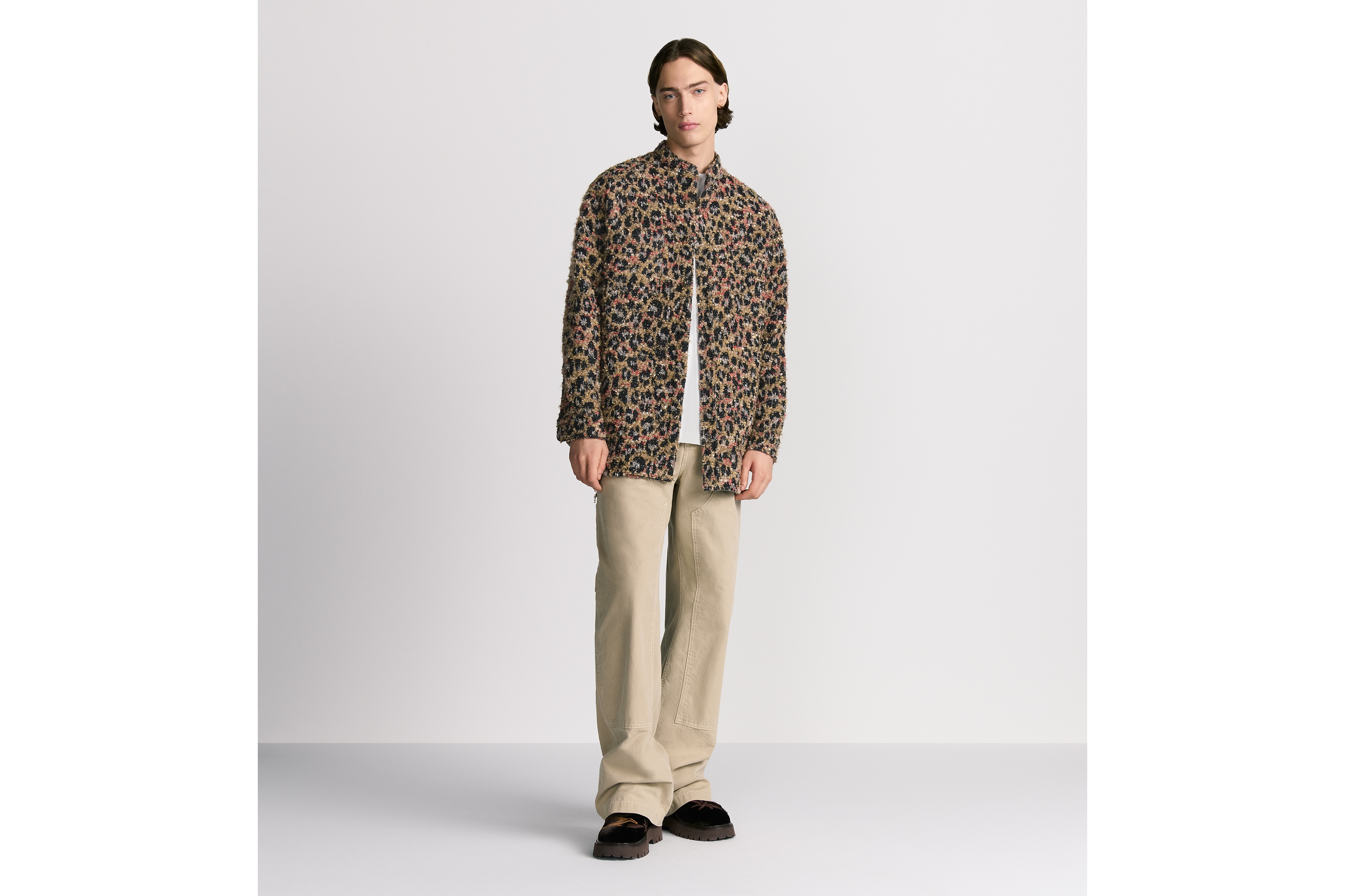 Look DIOR AND LEWIS HAMILTON Oversized Shirt Beige Cotton- and Wool-Blend Tweed with Leopard Motif E02
