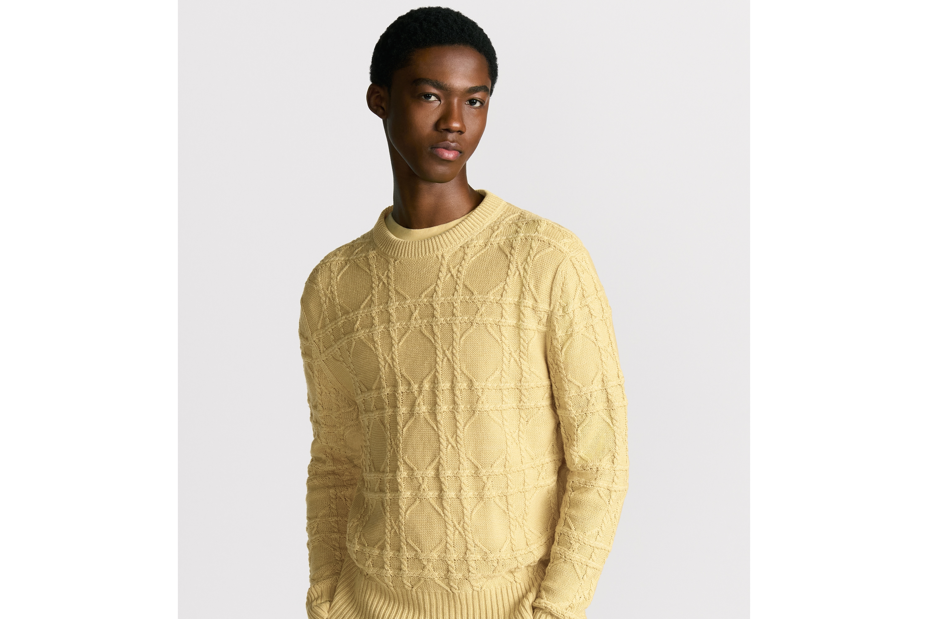 Look Dior Icons Cannage Sweater Yellow Linen and Cashmere Cable Knit E01