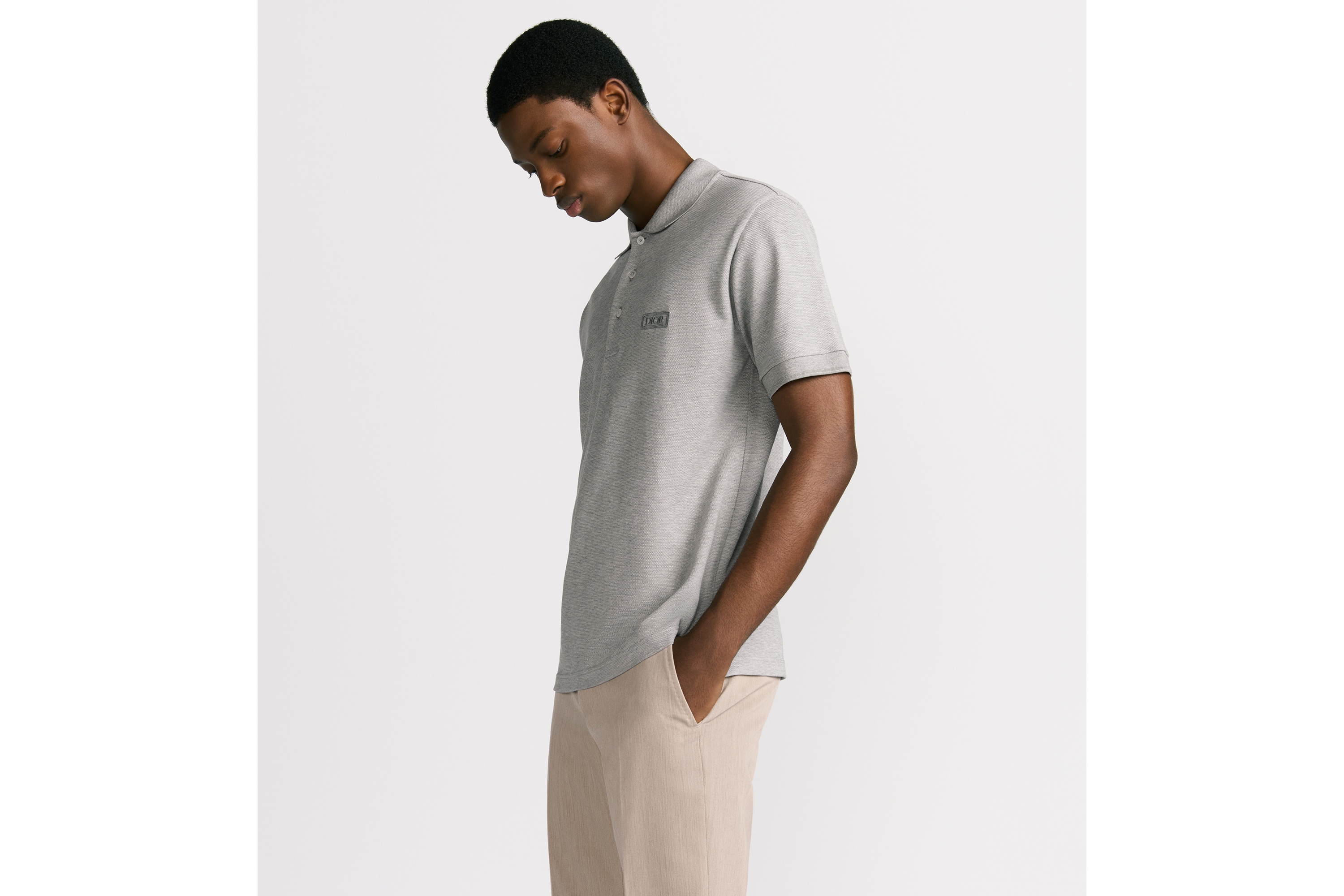 Look Dior Icons Polo Shirt Gray Cotton and Silk Piqué E07