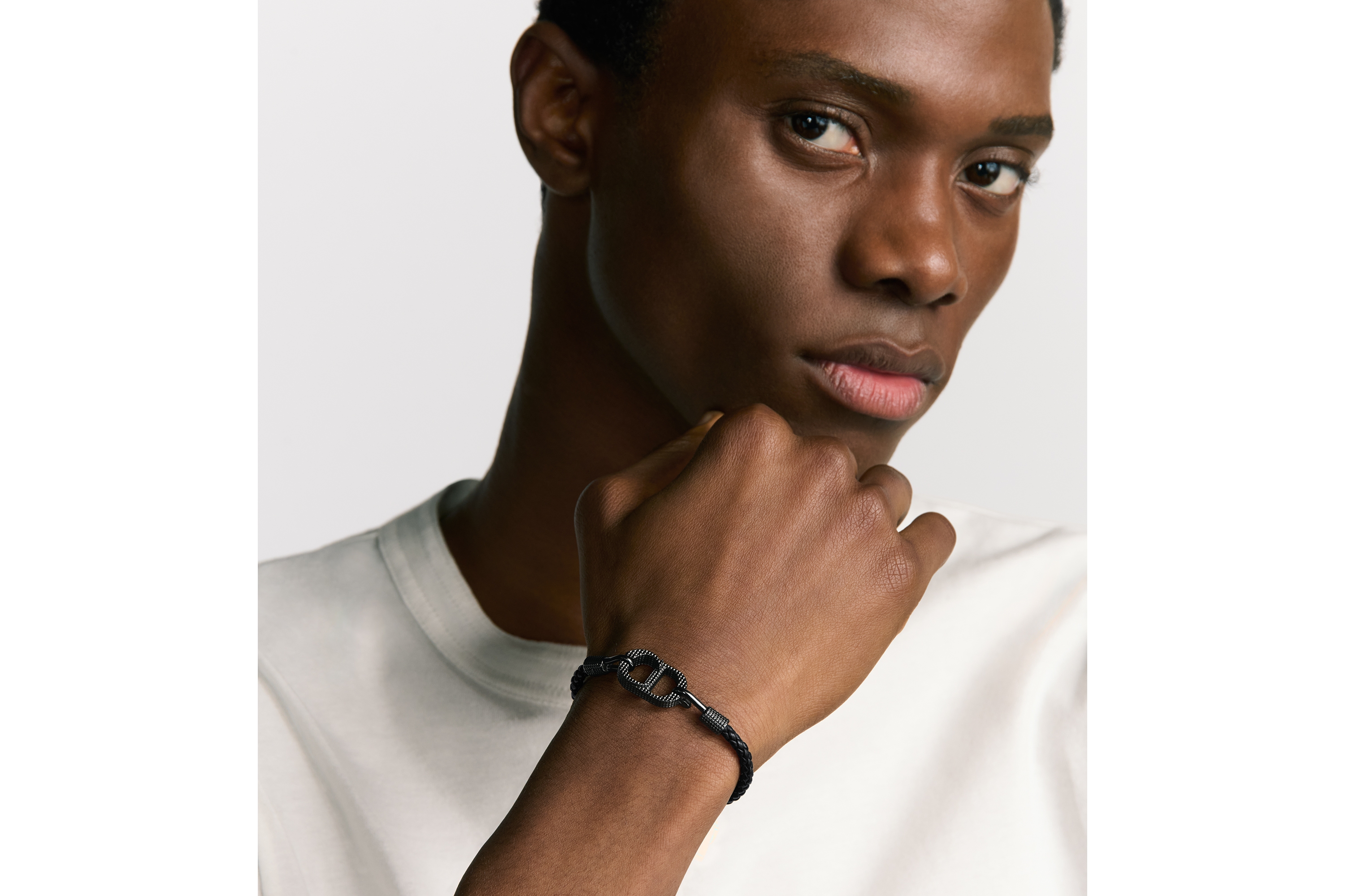 Look CD Icon Braided Leather Bracelet Black Lambskin and Black Ruthenium-Finish Brass E39