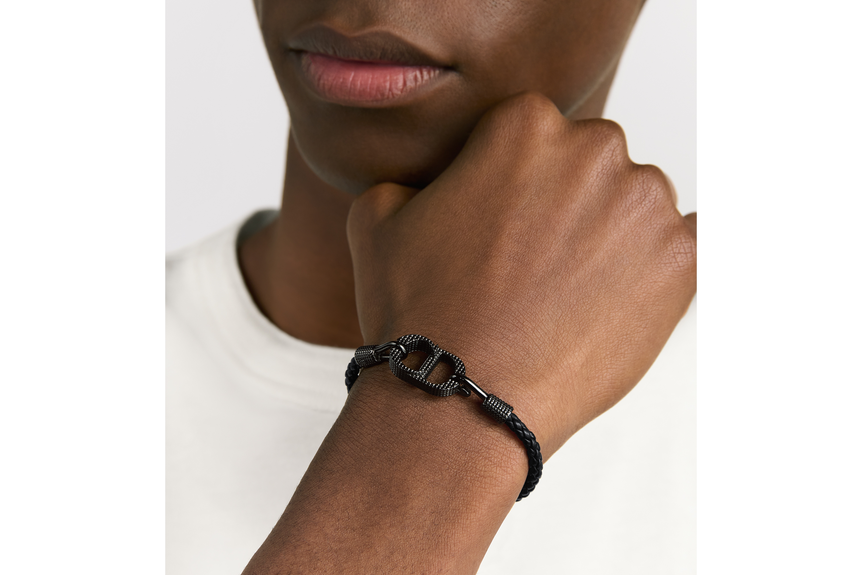 Look CD Icon Braided Leather Bracelet Black Lambskin and Black Ruthenium-Finish Brass E40