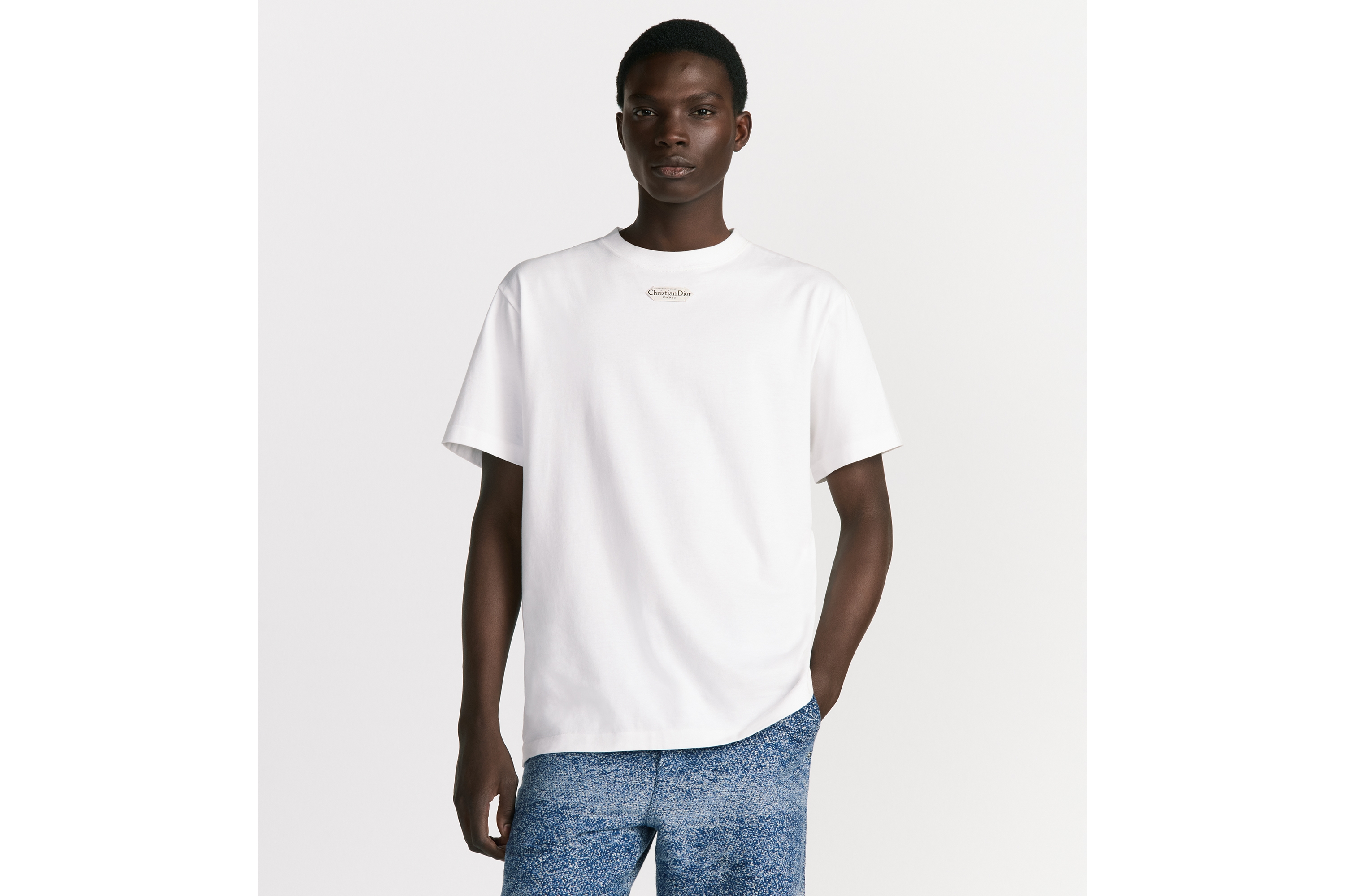 Look T-Shirt with Christian Dior Paris Tag, Relaxed Fit Shiny White Cotton Jersey E07