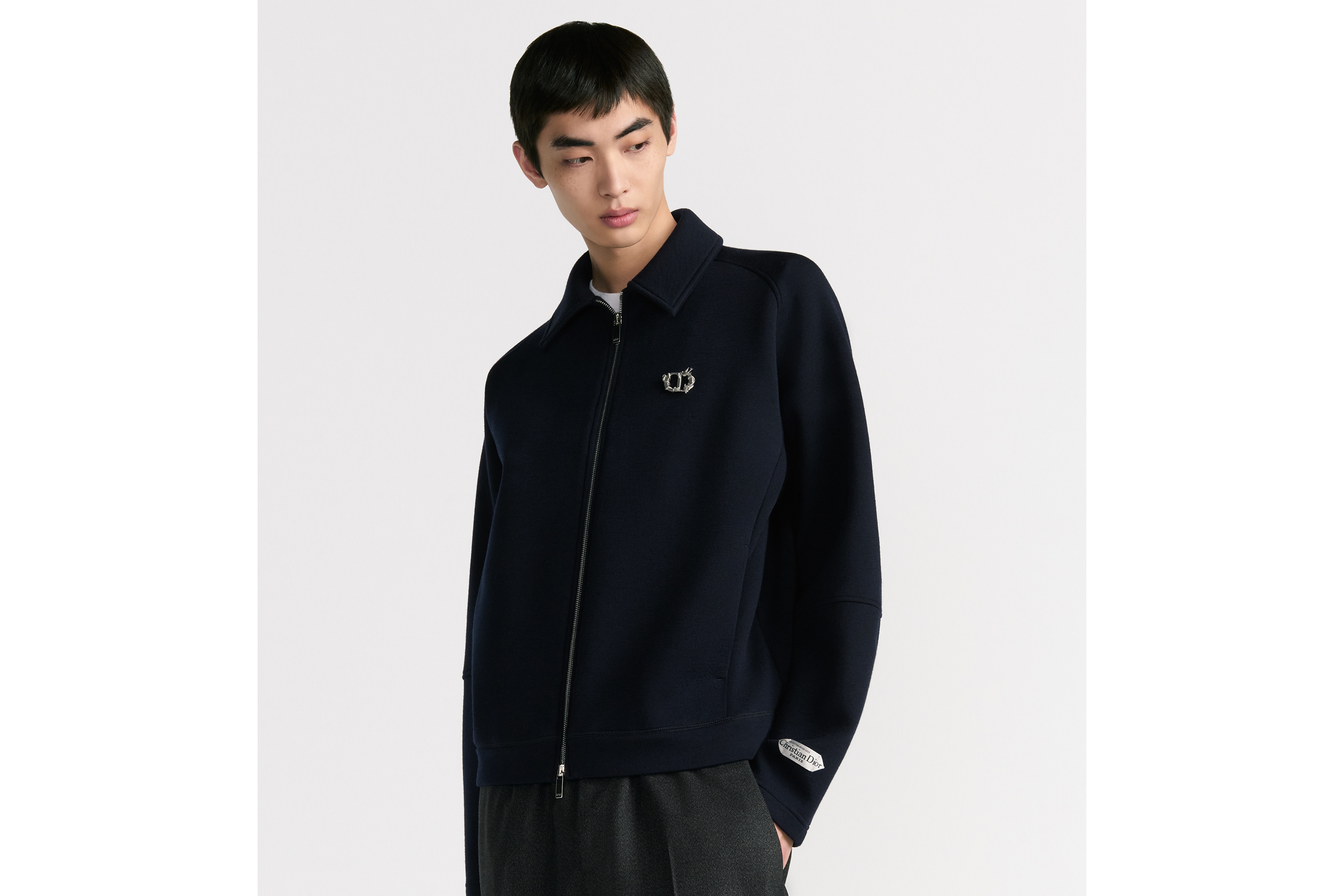 Look Zipped Blouson Jacket with Christian Dior Paris Tag Navy Blue Virgin Wool-Blend Jersey E07