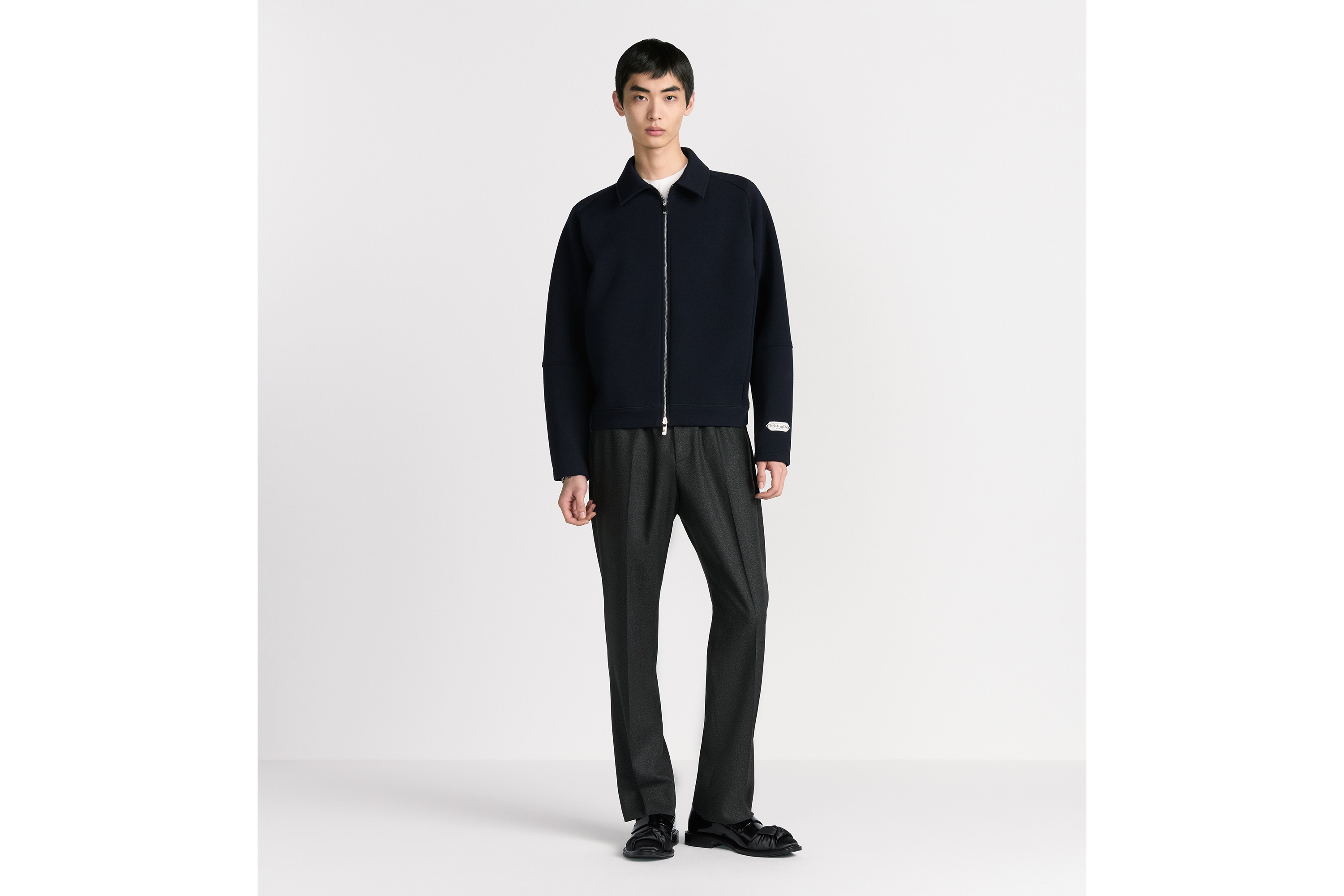 Look Zipped Blouson Jacket with Christian Dior Paris Tag Navy Blue Virgin Wool-Blend Jersey E08