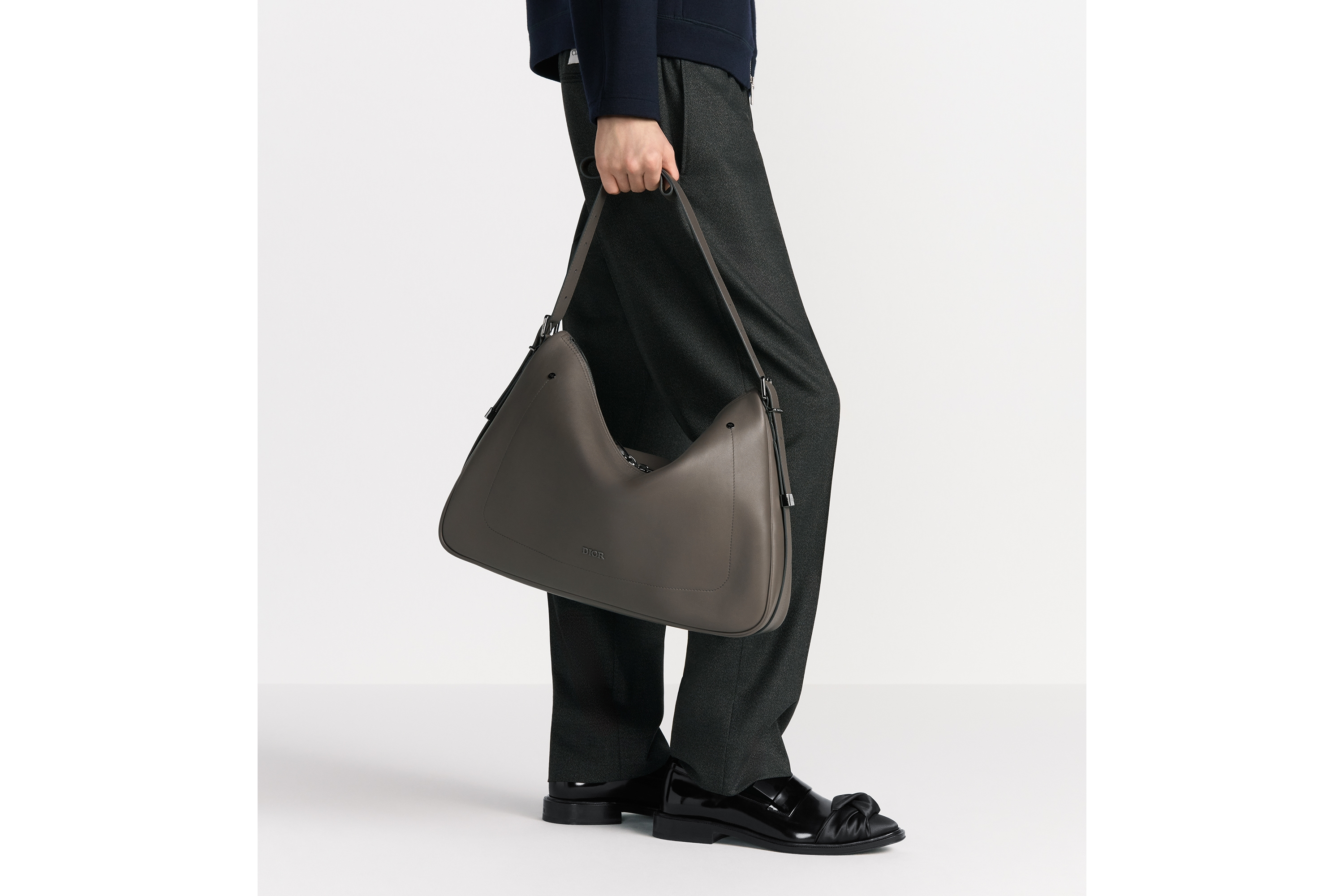 Look Large Dior Slider Zipped Hobo Bag Gray Smooth Calfskin E22