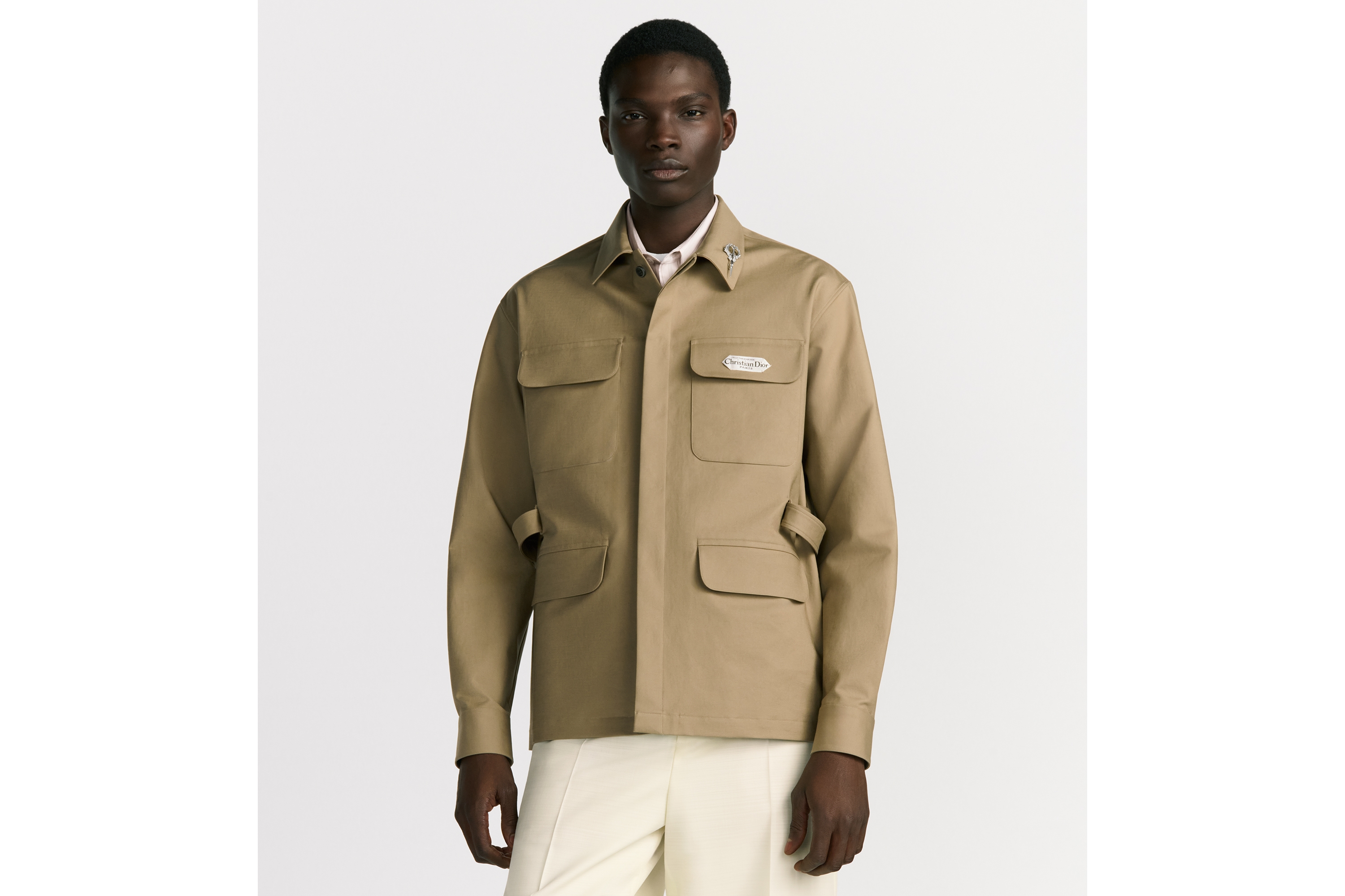 Look Safari Shirt with Christian Dior Paris Tag Beige Double-Sided Cotton-Blend Satin E01