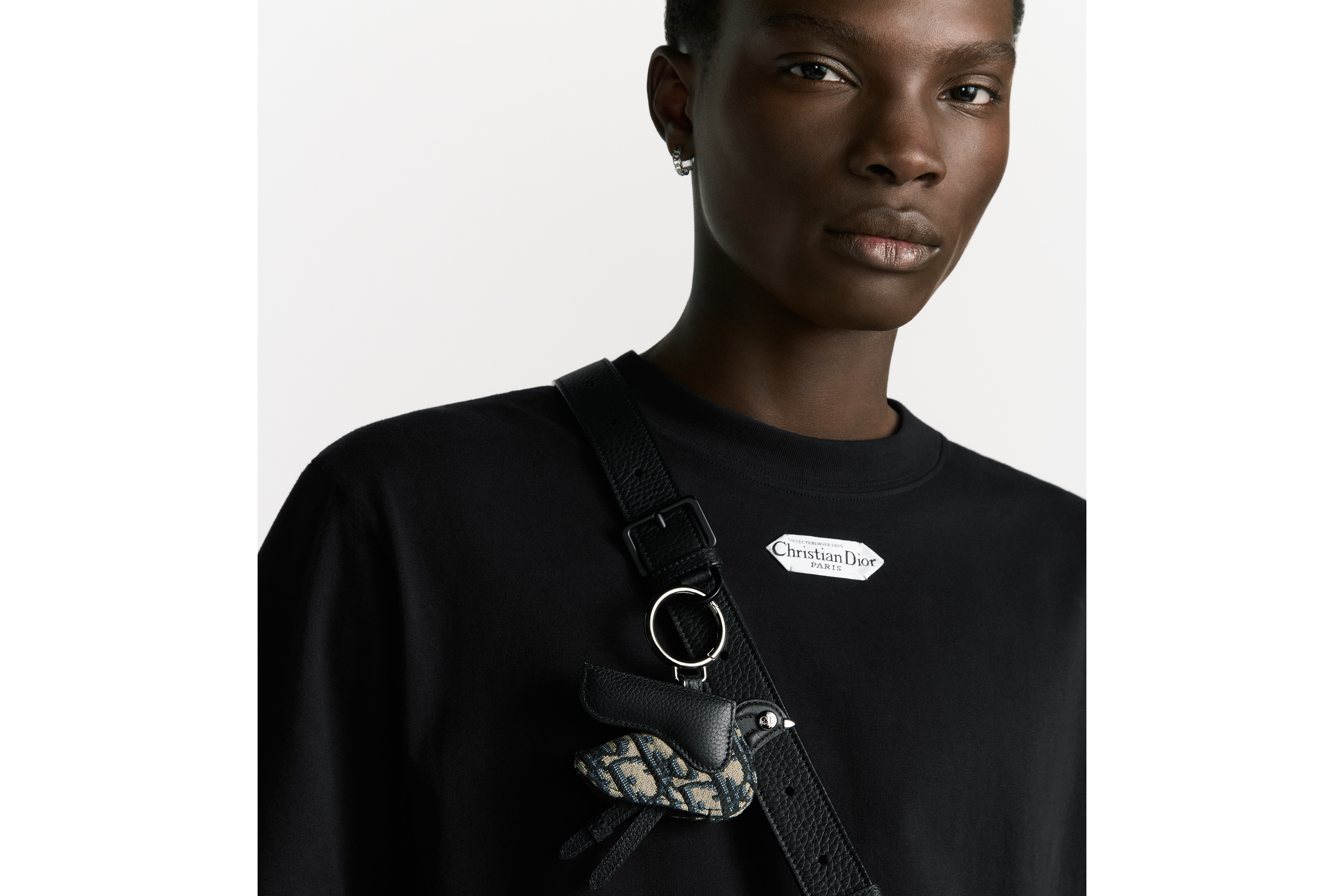 Look Saddle Bird Key Ring Beige and Black Dior Oblique Jacquard, Black Grained Calfskin and Ruthenium-Finish Brass E42