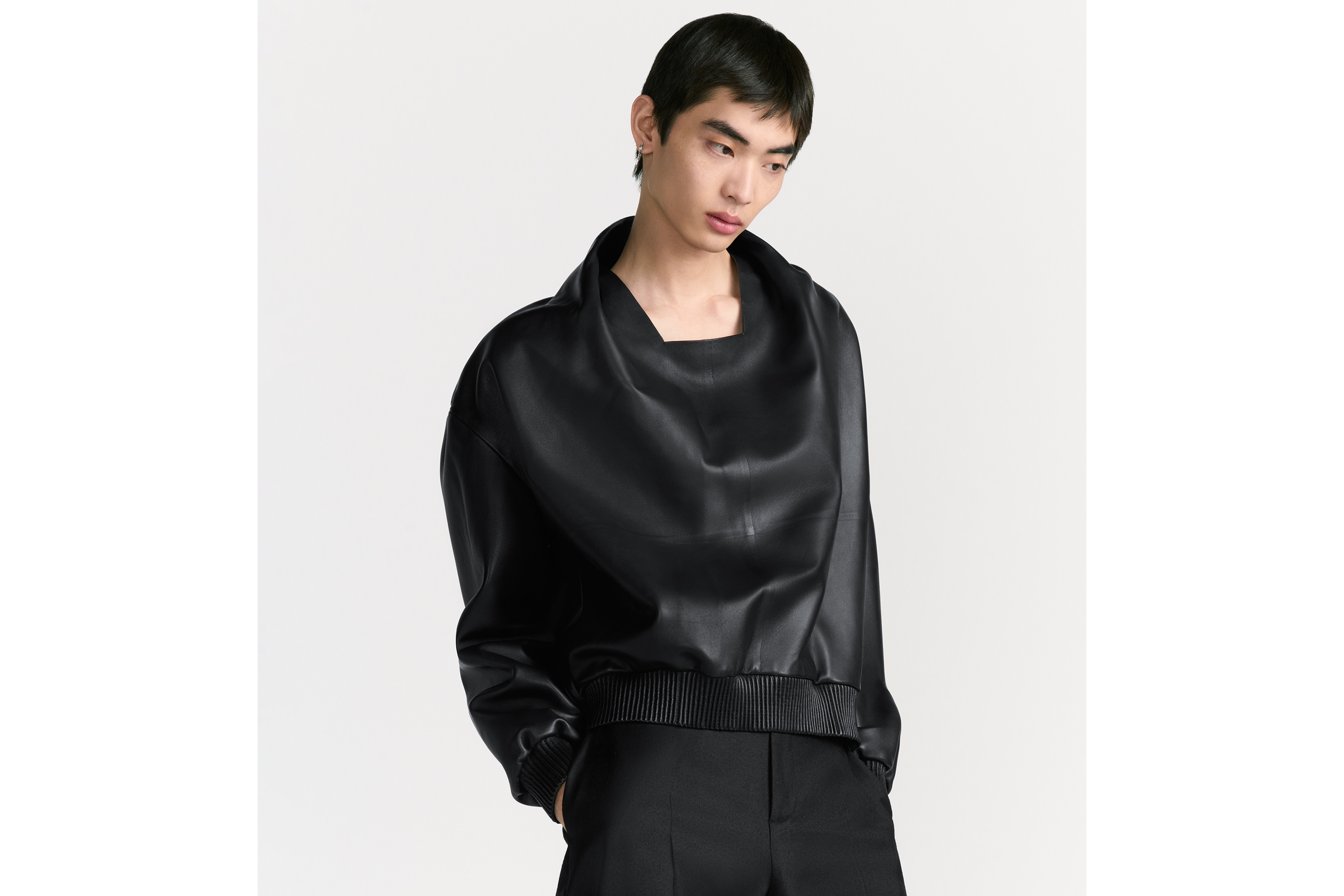 Look Pullover Jacket with Cowl Black Lambskin E07