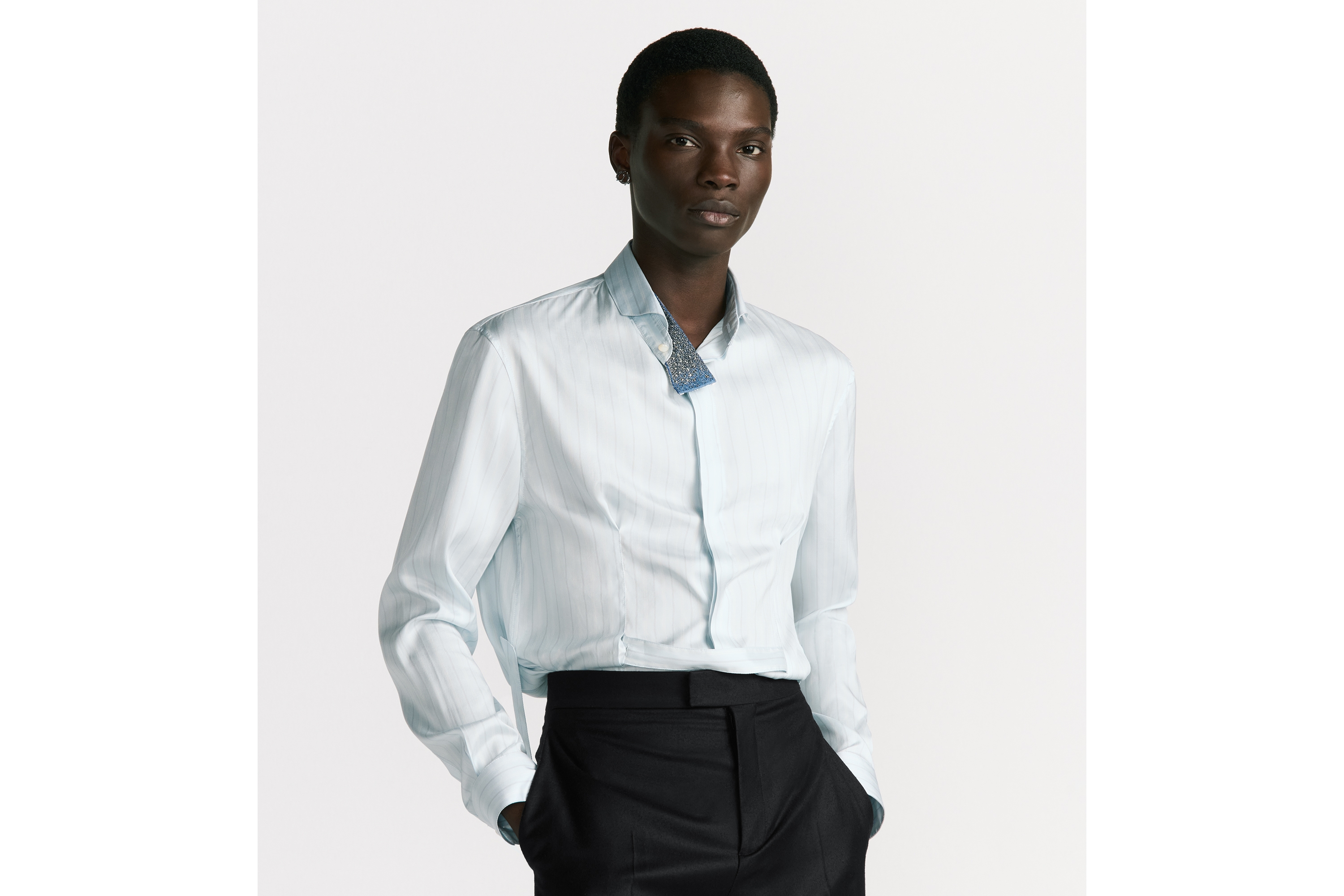 Look Shirt with Embroidered Micro Tie Blue Striped Silk Twill E07