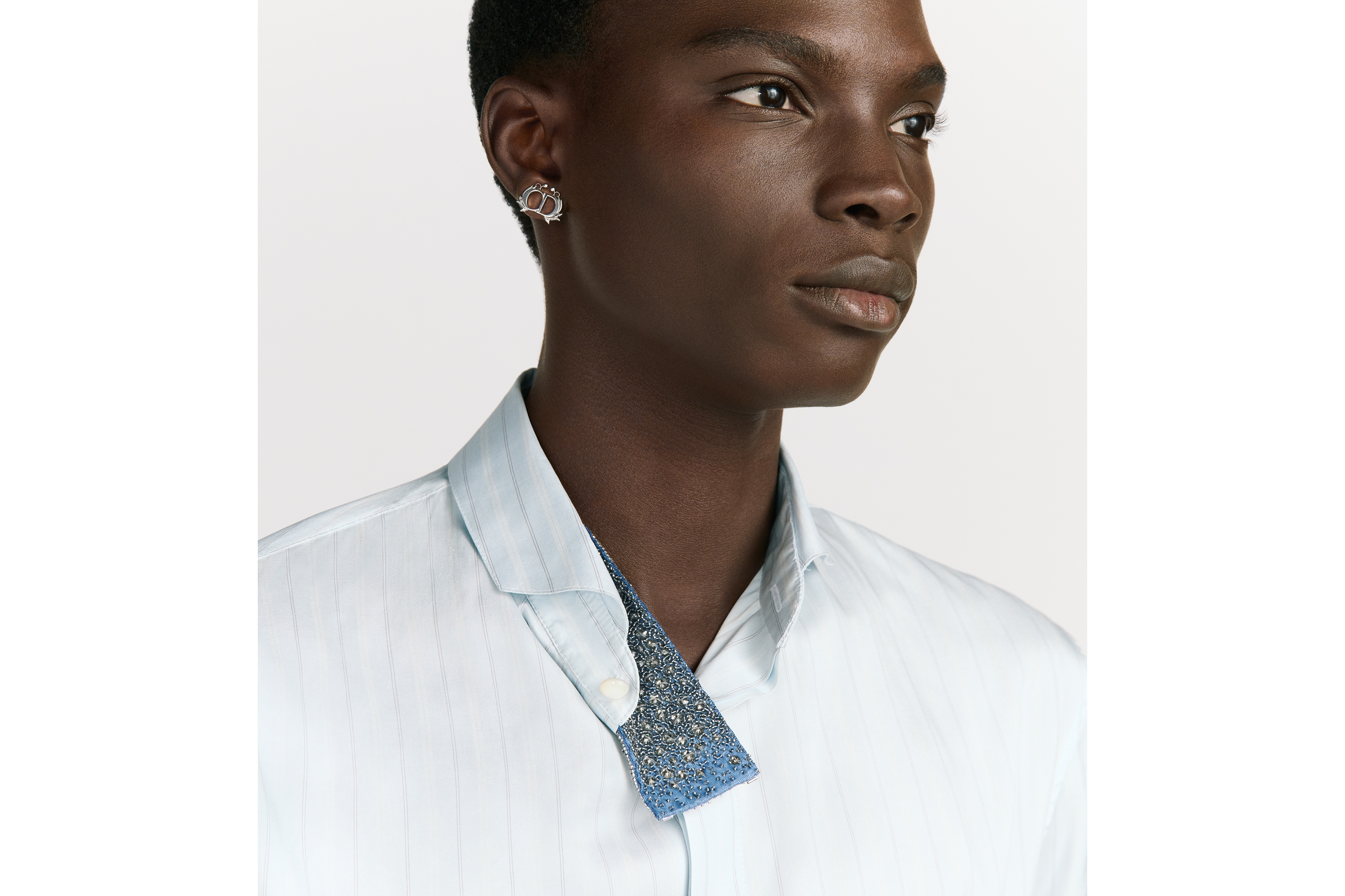 Look Shirt with Embroidered Micro Tie Blue Striped Silk Twill E09