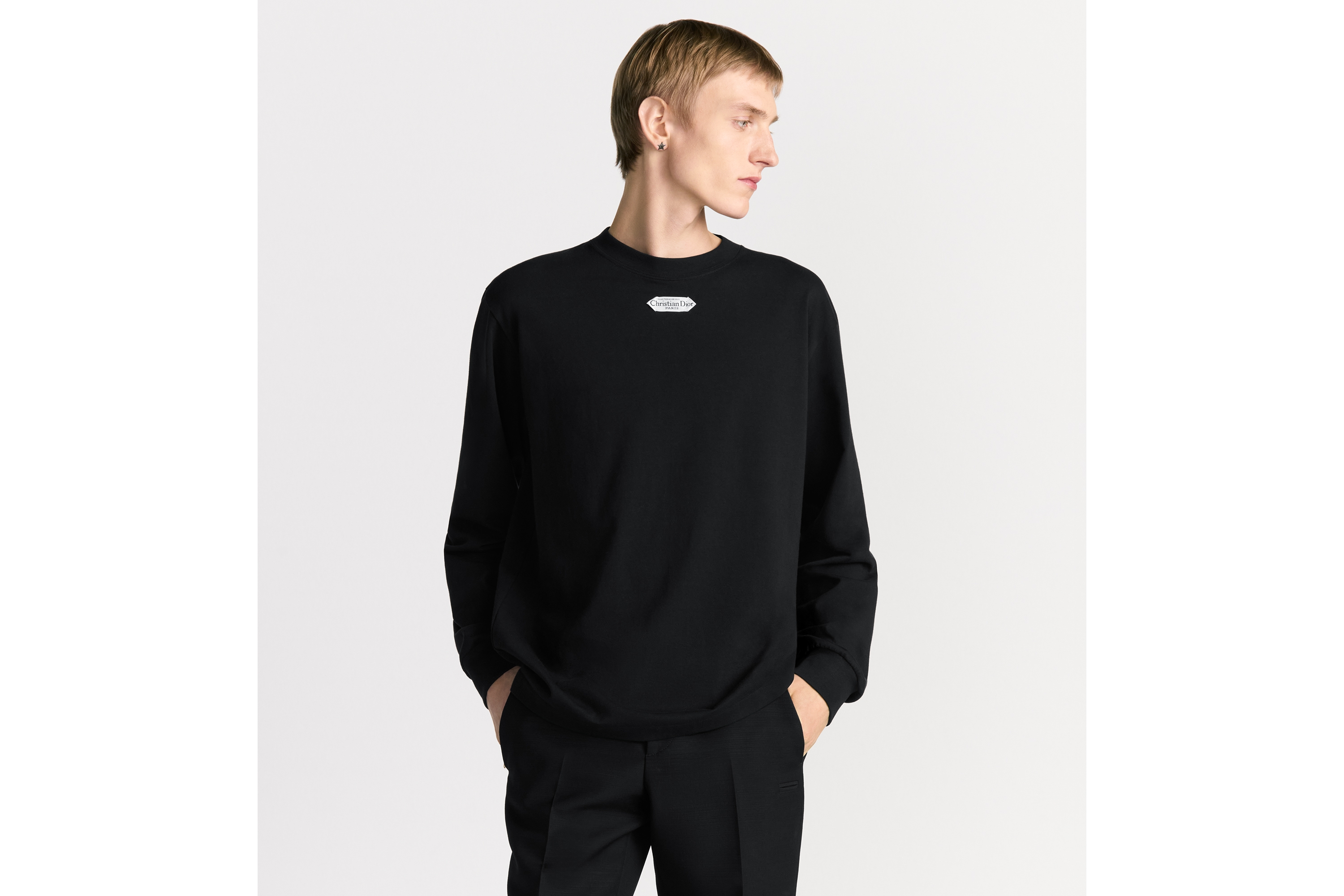 Look Long-Sleeved T-Shirt with Christian Dior Paris Tag, Relaxed Fit Black Cotton Jersey E07