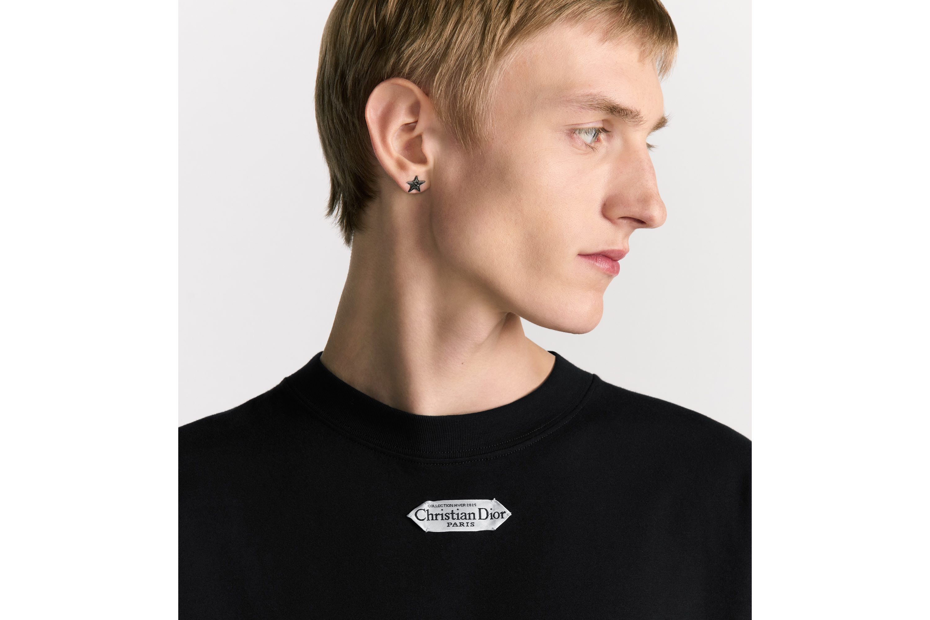 Look Long-Sleeved T-Shirt with Christian Dior Paris Tag, Relaxed Fit Black Cotton Jersey E10