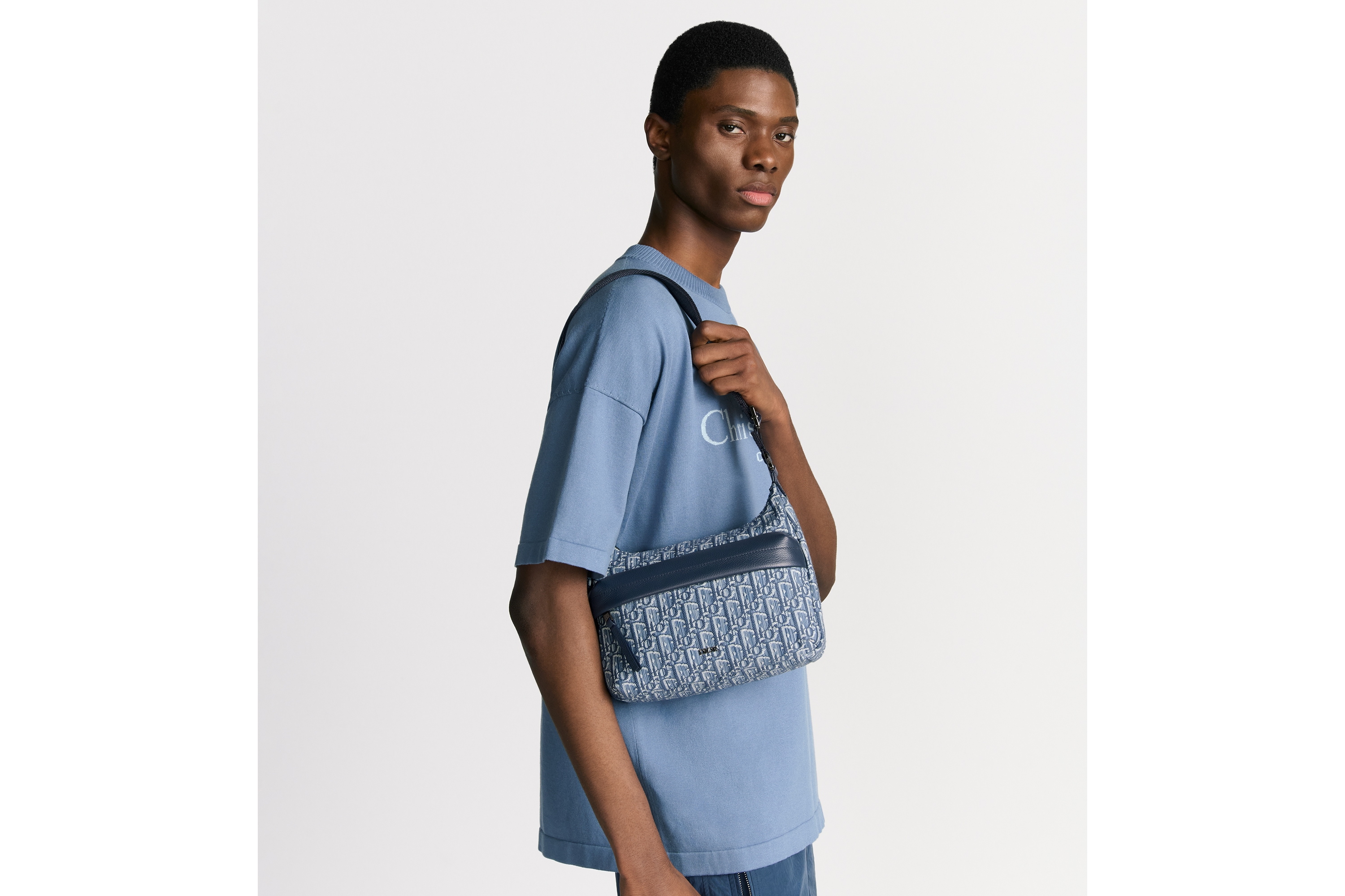 Look Small Rider Soft Hobo Bag Blue Dior Oblique Jacquard and Blue Grained Calfskin E19