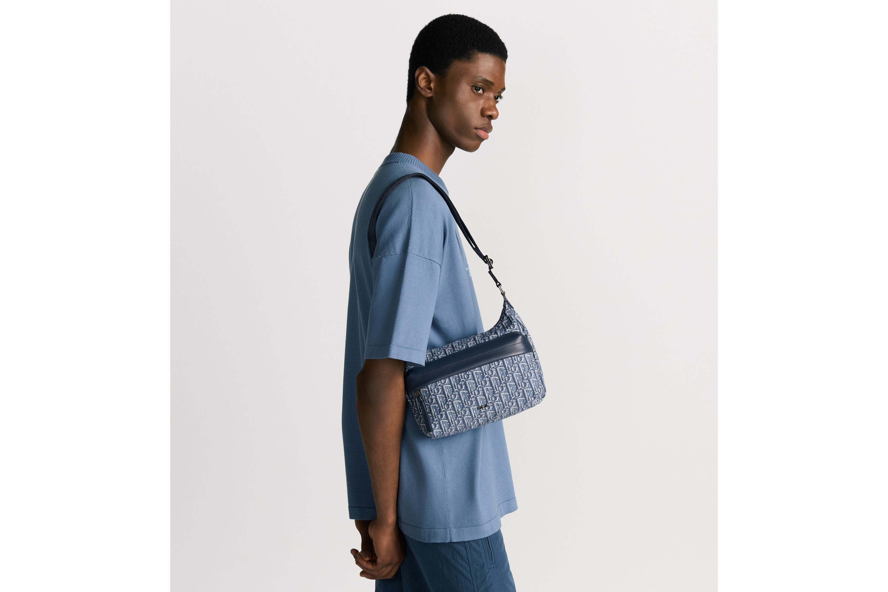 Look Small Rider Soft Hobo Bag Blue Dior Oblique Jacquard and Blue Grained Calfskin E21