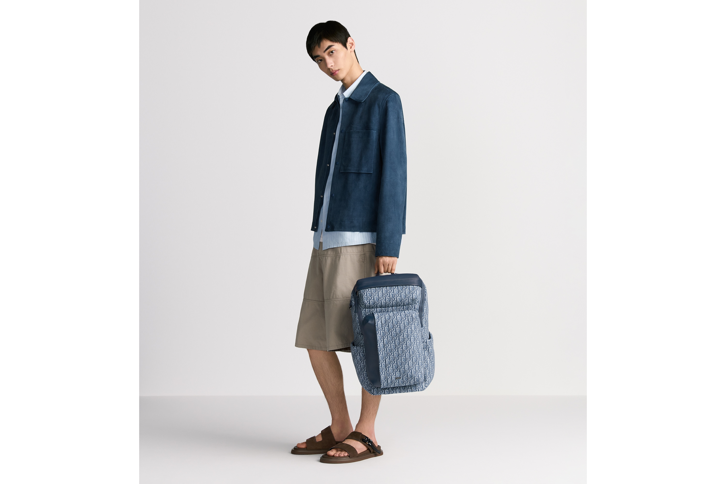 Look Rider Soft Zipped Backpack Blue Dior Oblique Jacquard and Blue Grained Calfskin E21